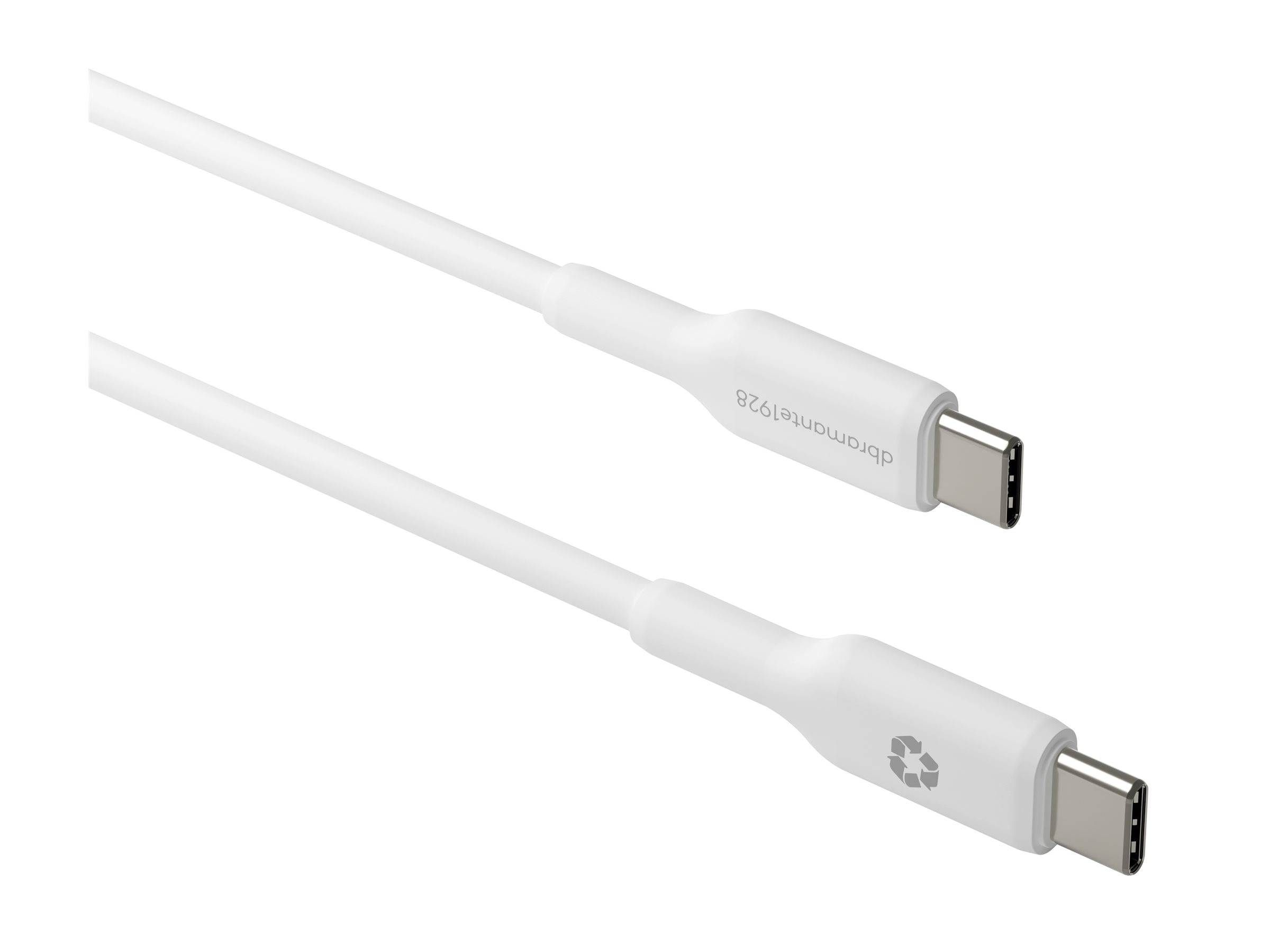 Weißes USB-C-Kabel mit einem kleinen Recycling-Symbol und dem Text 'dcbPerformance' in der Nähe des Anschlusses.