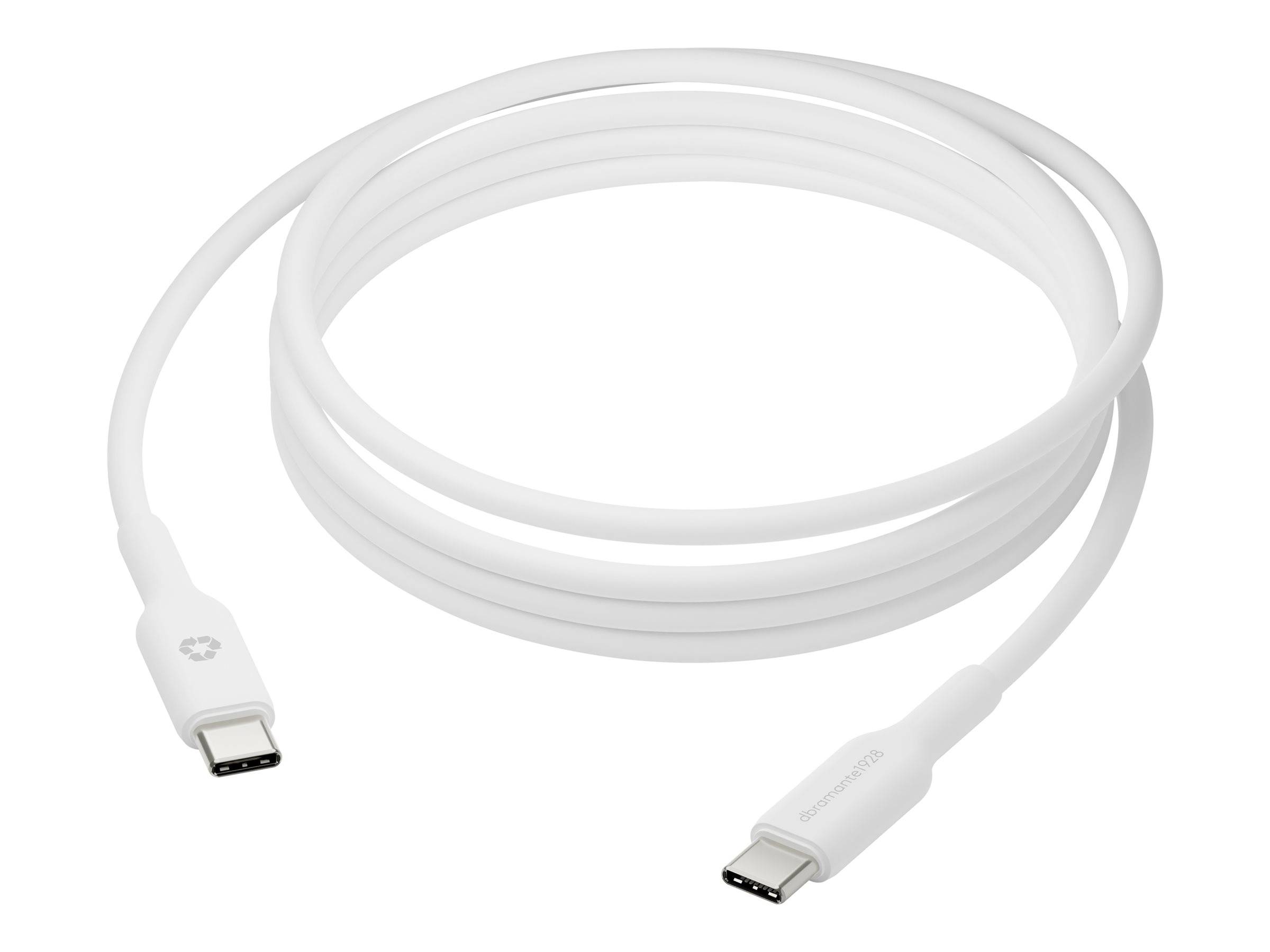 Ein weißes USB-C-Kabel mit einem aufgewickelten Abschnitt und sichtbaren Anschlüssen an beiden Enden.