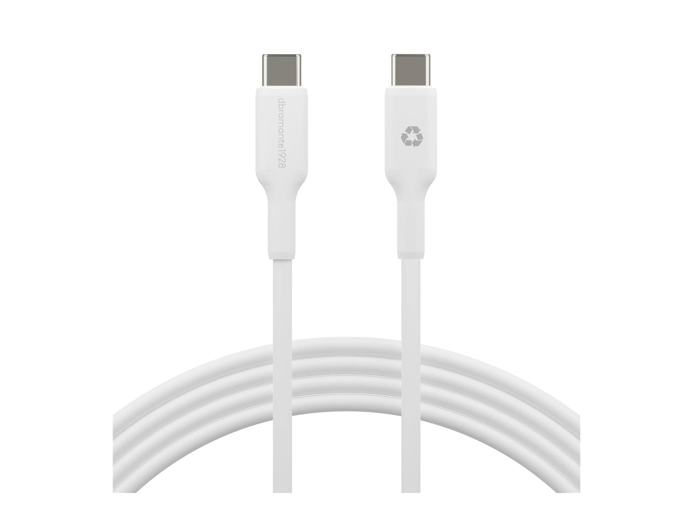 USB-C' auf 'USB-C' weißes Kabel mit Recycling-Symbol, geeignet zum Laden und Datenübertragung.