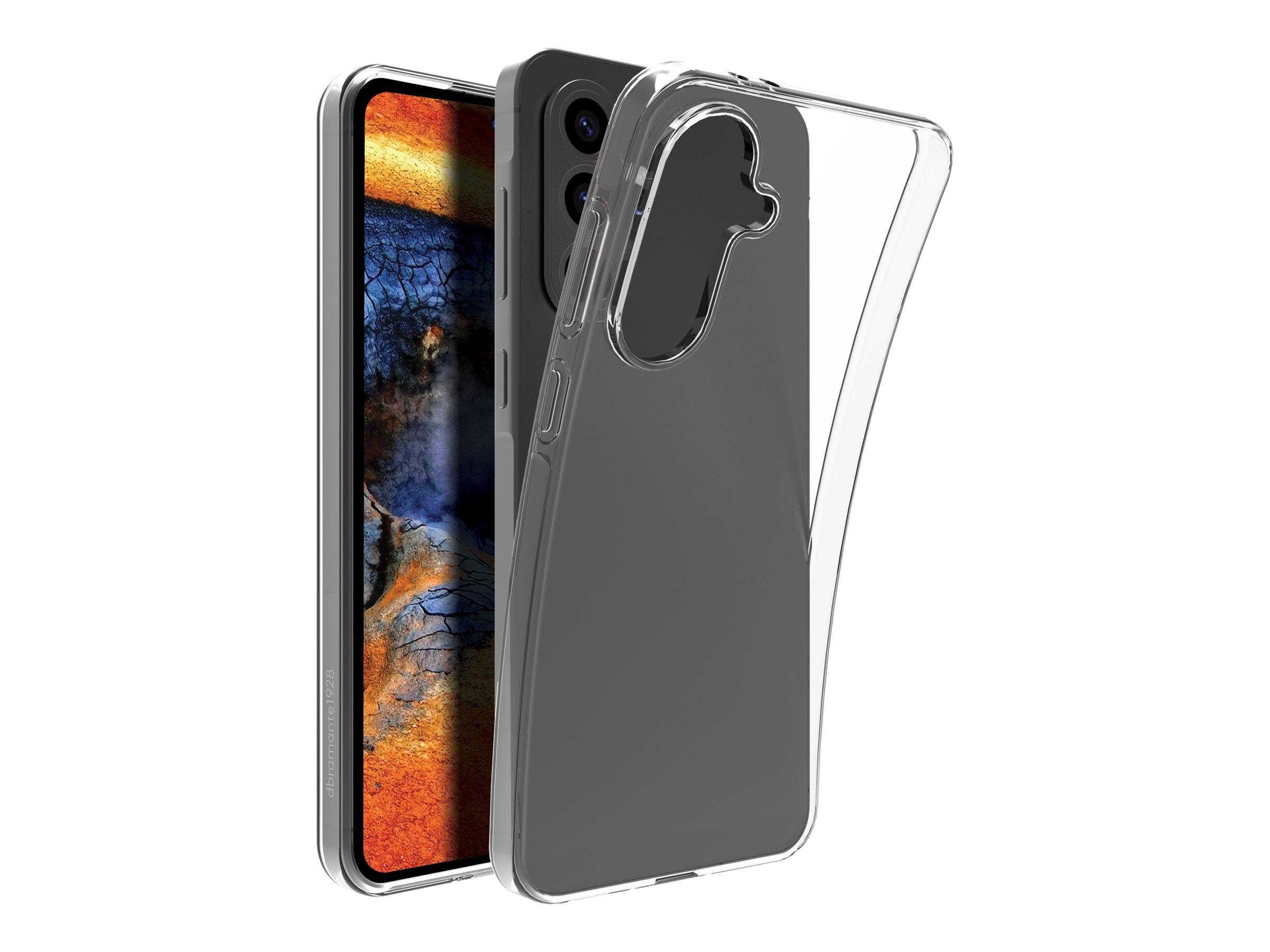 Ein Smartphone mit einer lebendigen abstrakten Tapete ist teilweise in einem transparenten Schutzgehäuse eingebettet, wobei Details des Telefondesigns hervorgehoben werden.