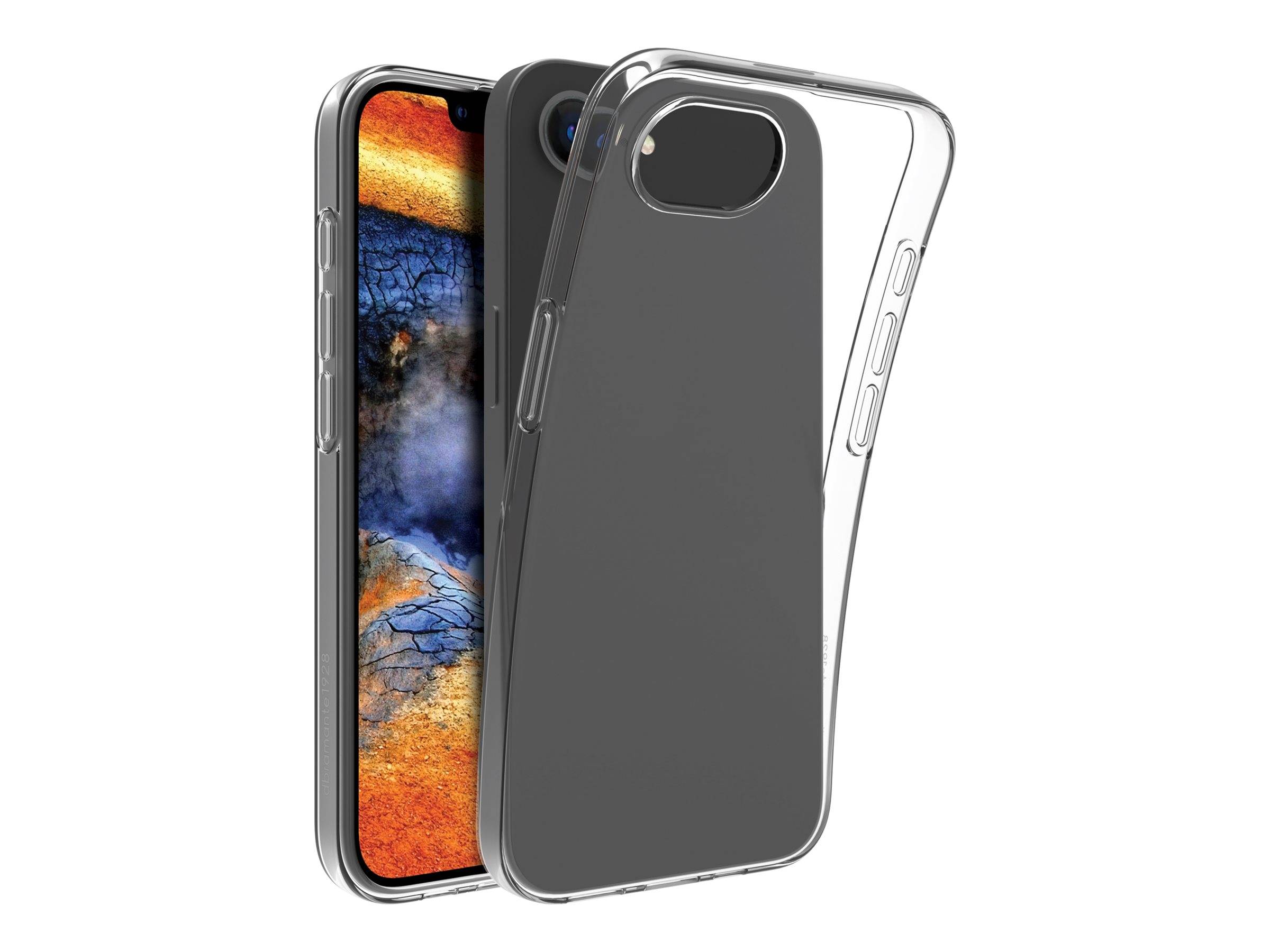 Eine durchsichtige Handyhülle, die neben einem Smartphone mit buntem abstraktem Hintergrundbildschirm platziert ist und die Passgenauigkeit und das Design um das Gerät herum hervorhebt.