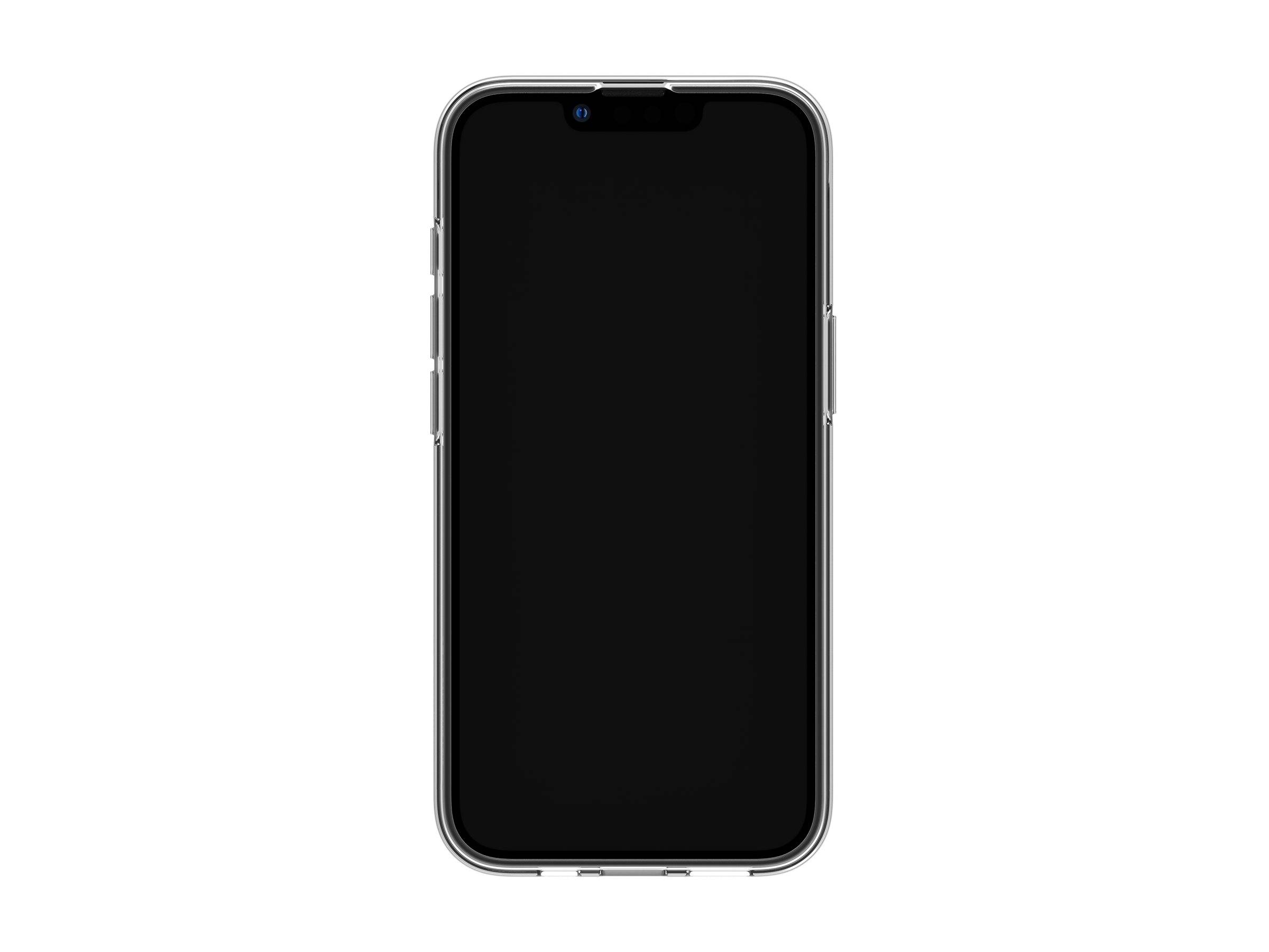 Ein silbernes Smartphone mit einem schwarzen Bildschirm, ausgestattet mit abgerundeten Kanten und einer Notch an der Oberseite für die Frontkamera und Sensoren.