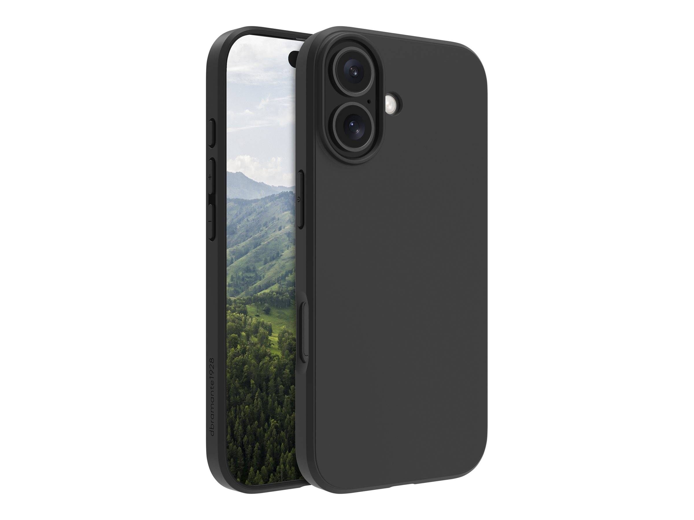Ein Smartphone in einem schwarzen Gehäuse wird gezeigt, auf dessen Bildschirm eine Berglandschaft zu sehen ist. Das Gehäuse hat Aussparungen für Tasten und die Kamera.