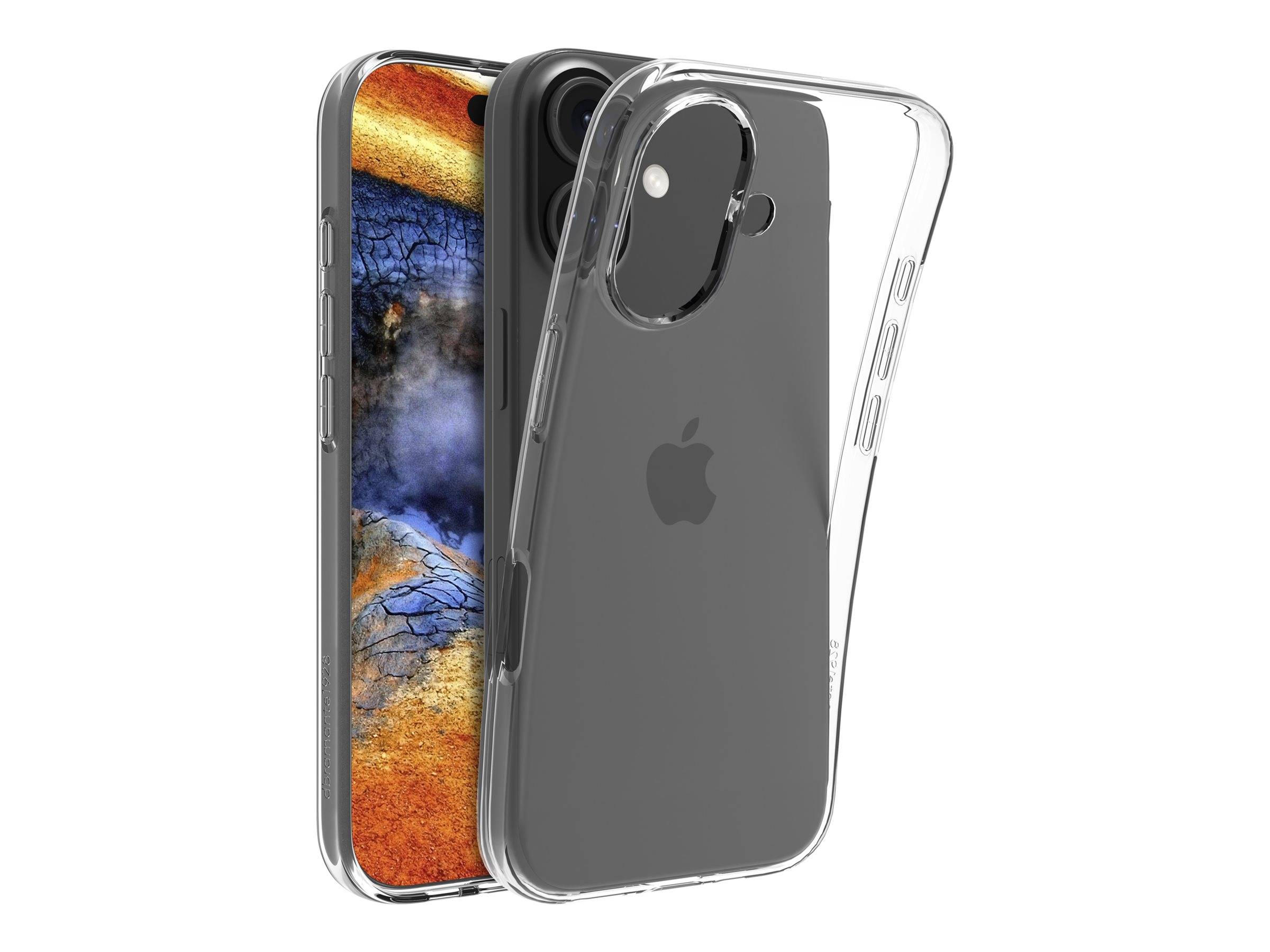 Transparente Handyhülle auf einem modernen Smartphone, die den bunten Bildschirm und die Rückkamera zeigt. Die Hülle schützt und ermöglicht gleichzeitig die Sichtbarkeit des Designs.