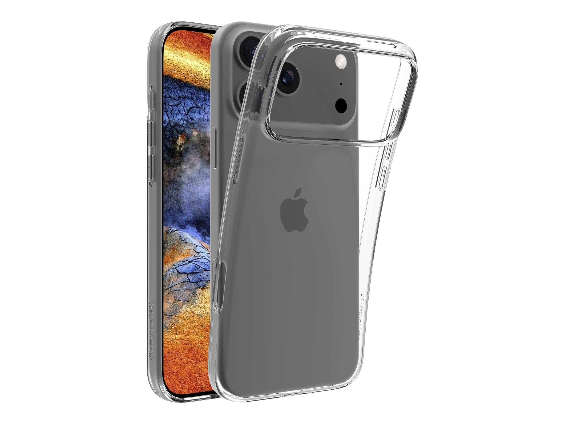 Eine durchsichtige Handyhülle zeigt die Rückseite eines Smartphones mit Dual-Kameras. Der Telefonbildschirm präsentiert ein abstraktes, farbenfrohe Design.