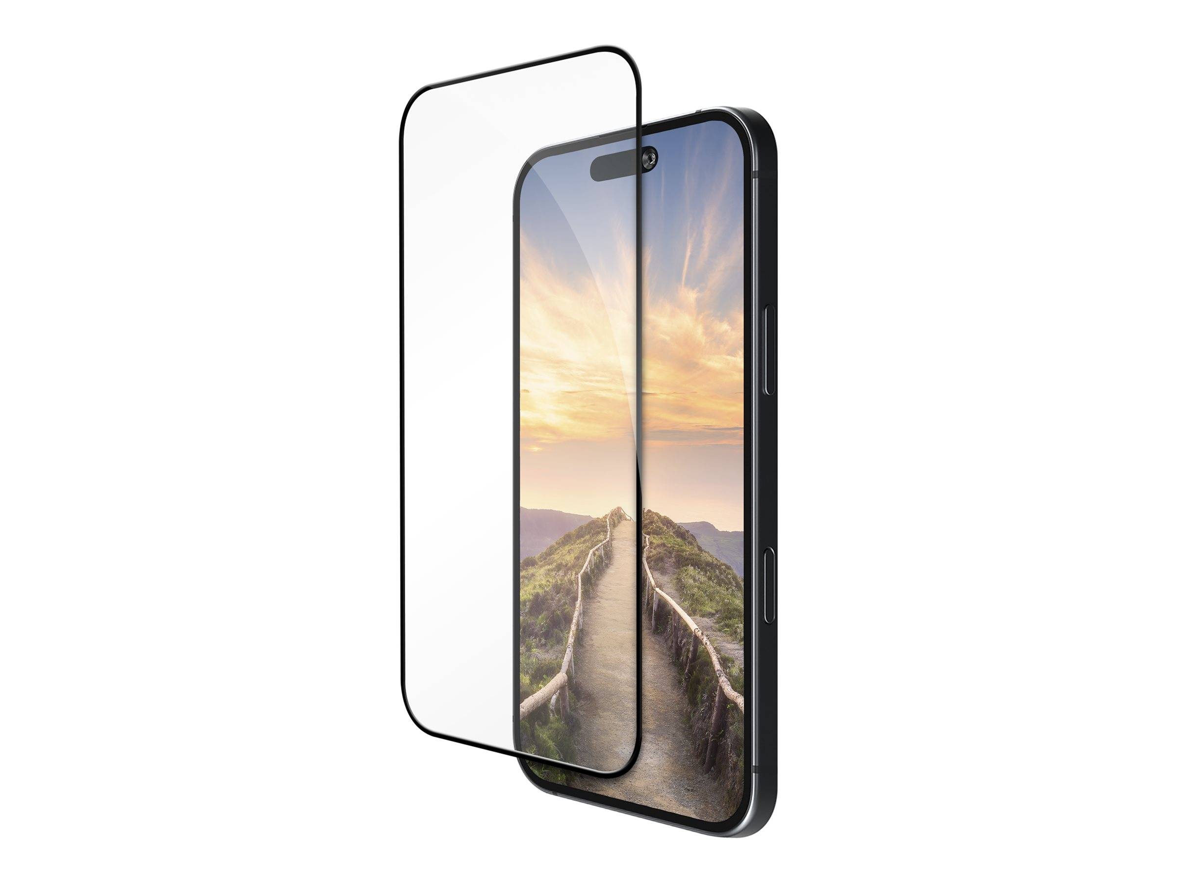 Ein Smartphone mit einem Displayschutz, das einen malerischen Pfad bei Sonnenuntergang zeigt. Das Bild unterstreicht die Displayklarheit und den Schutz des Geräts.