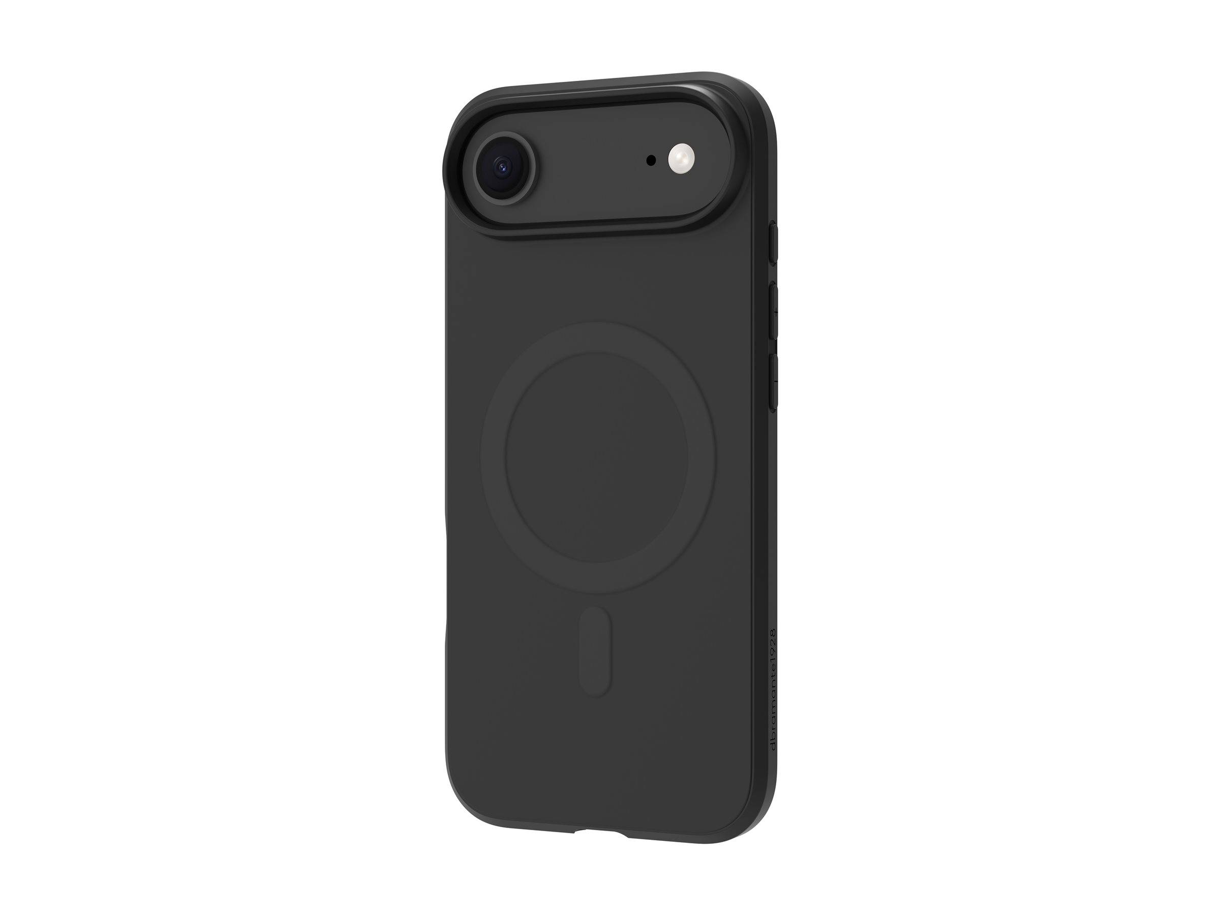 Eine schwarze Smartphone-Hülle mit einer kreisförmigen, MagSafe-kompatiblen Konstruktion auf der Rückseite, aufrecht stehend mit sichtbarem Kamerabereich.
