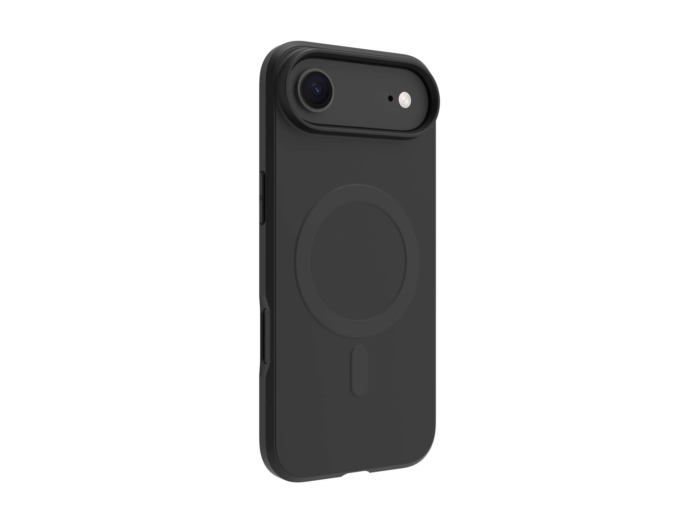 Schwarze Smartphone-Hülle mit einem kreisförmigen MagSafe-Ring auf der Rückseite, entwickelt für iPhone-Modelle, die Schutz und magnetische Befestigung bietet.