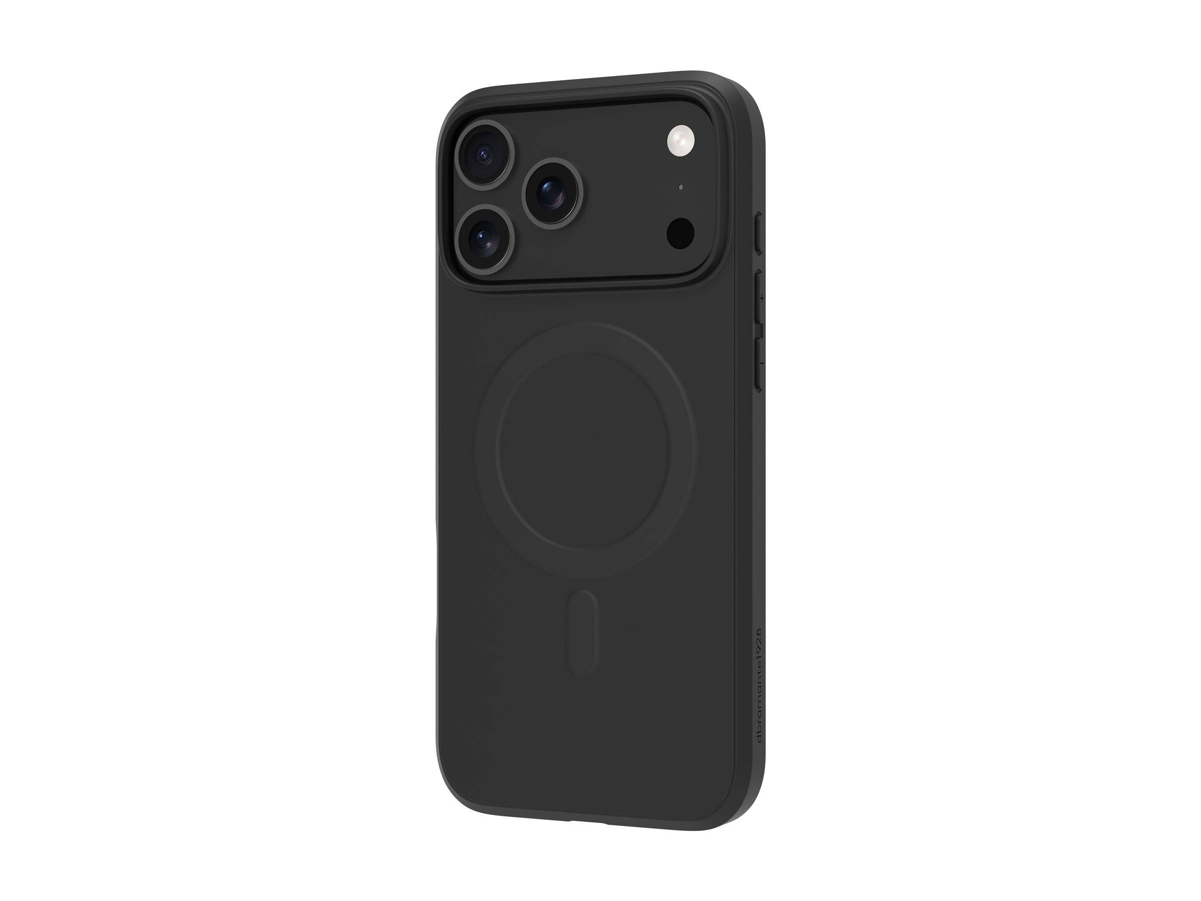 Eine schwarze Smartphone-Hülle mit drei Kameraobjektiv-Öffnungen und einem illustrierten Kreis auf der Rückseite, der eine magnetische Ladefunktion anzeigt.