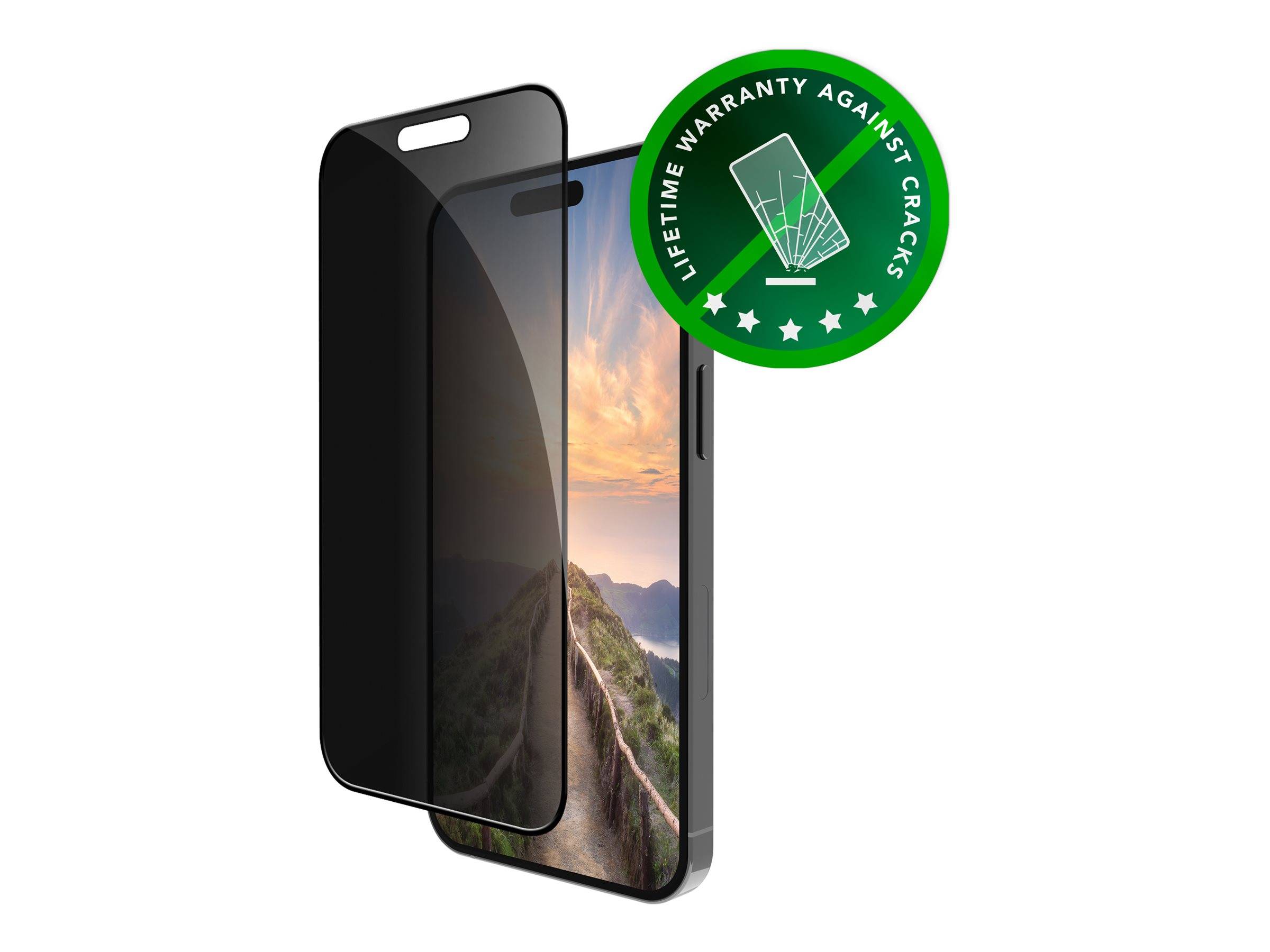 Ein Smartphone mit einem Sichtschutzfolie, die eine Sonnenuntergangslandschaft zeigt. Ein Abzeichen besagt 