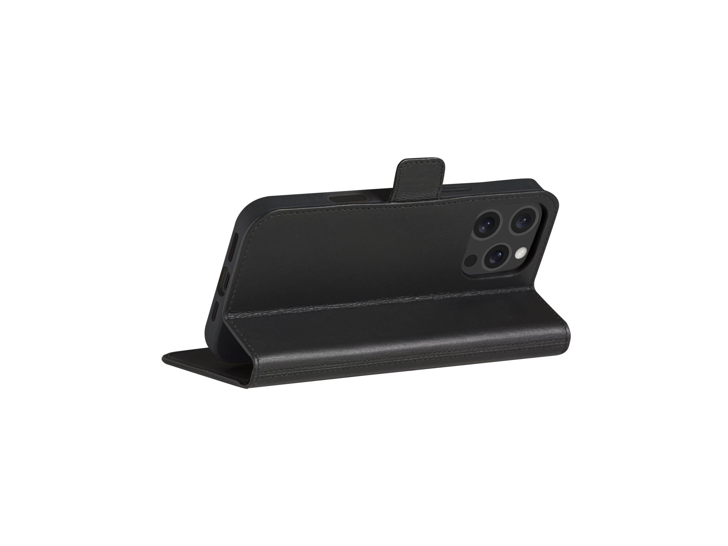 Schwarzes Smartphone in einem klappbaren Folio-Etui mit Ständer und Kameraausschnitt, auf weißem Hintergrund dargestellt.