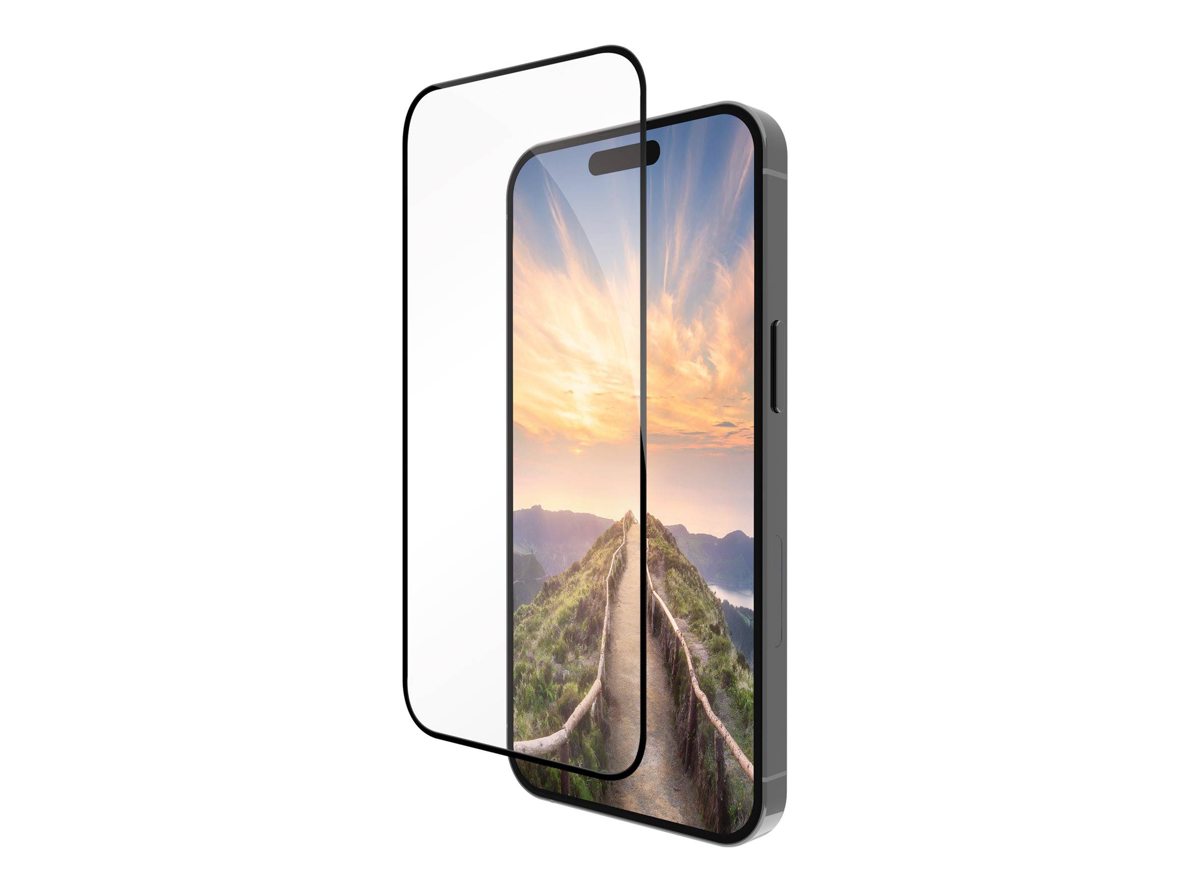 Ein Smartphone zeigt einen malerischen Bergpfad bei Sonnenuntergang. Daneben wird eine transparente Schutzfolie dargestellt, die deren Anbringung veranschaulicht.