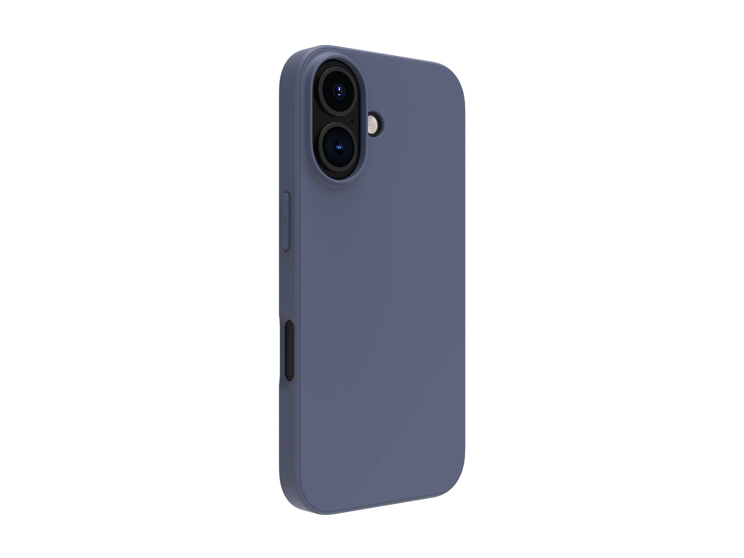Blaue Smartphone-Hülle mit Ausschnitten für Dual-Kamera, von der Seitenansicht betrachtet, zeigt Linsen- und Tastenpositionierung.