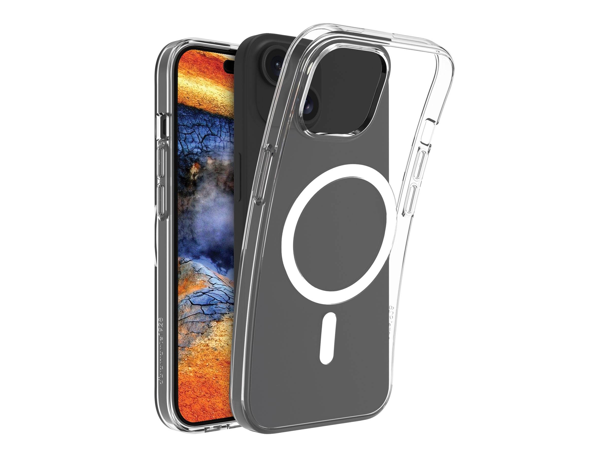 Ein Smartphone mit einem leuchtenden Bildschirm, der teilweise von einer transparenten Handyhülle verdeckt wird. Die Hülle weist auf der Rückseite ein kreisförmiges Magnetmuster auf.