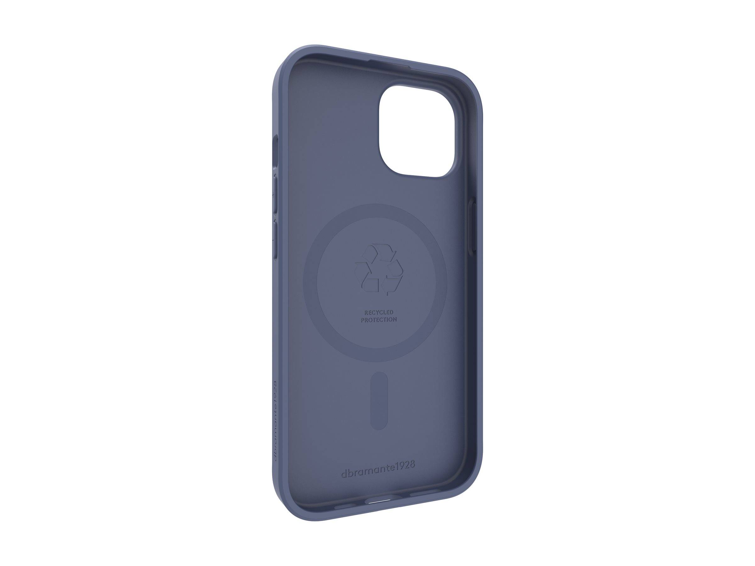 Eine blaue Handyhülle mit einem Recycling-Symbol und den Worten 'Recycled Protection' im Inneren. Geeignet für ein breites Smartphone-Modell.