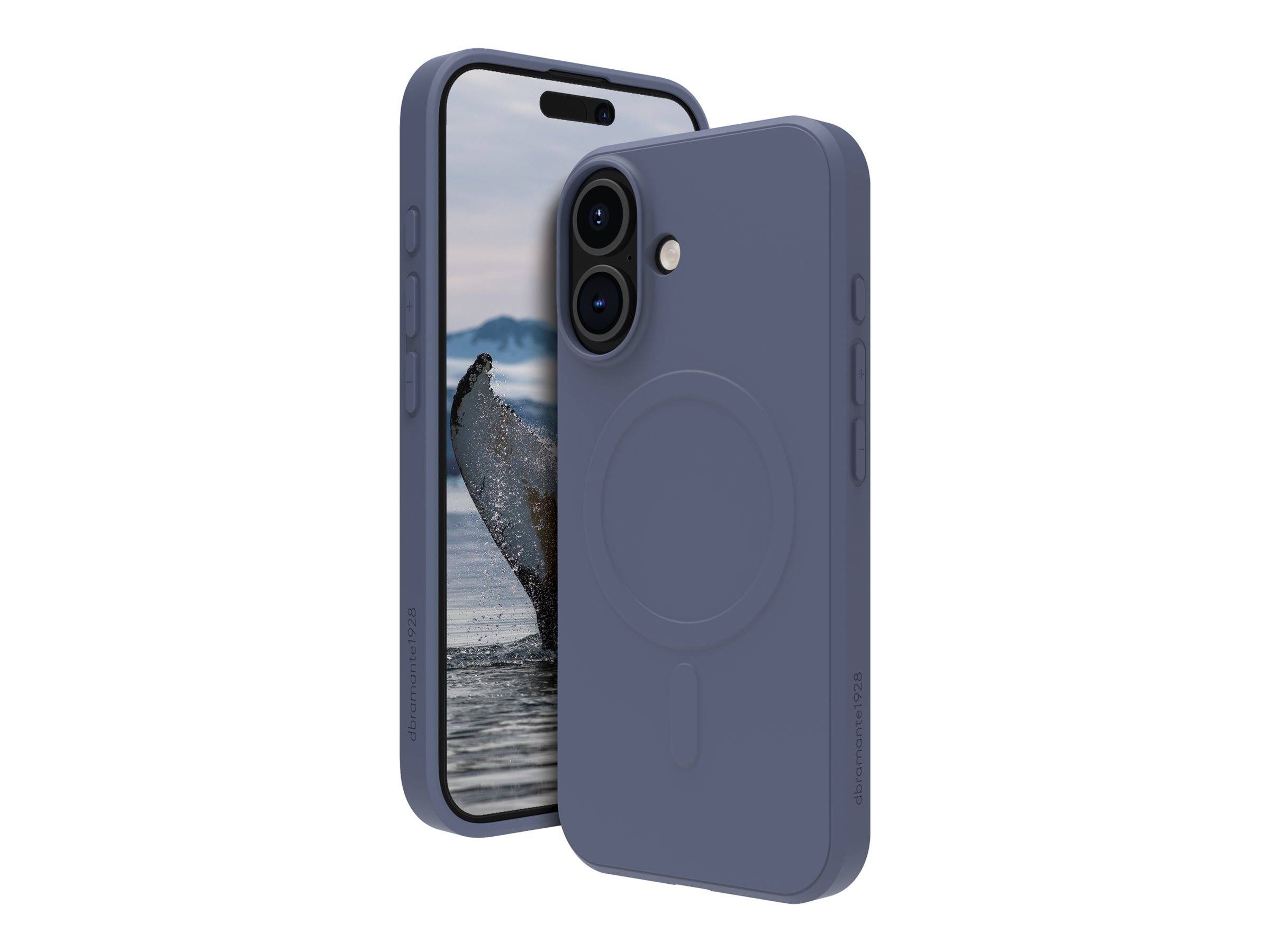 Ein Smartphone mit einem Wal, der aus dem Wasser springt, auf dem Bildschirm, eingehüllt in eine dunkle lila Schutzhülle.