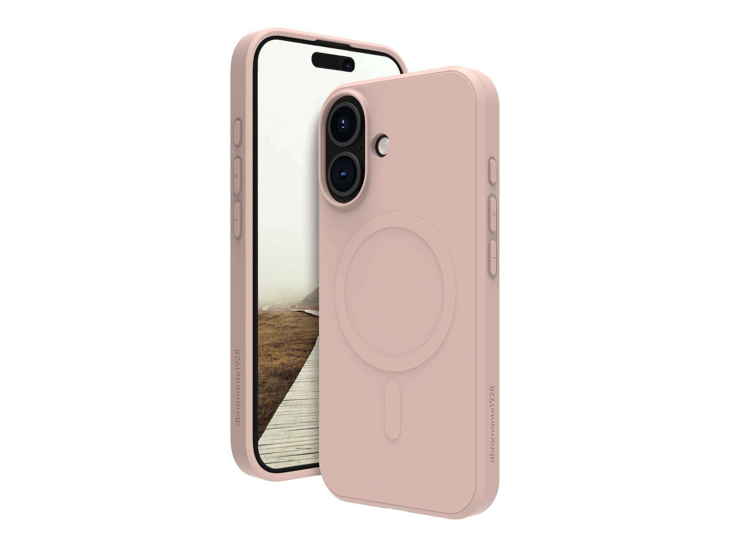 Ein Smartphone mit einer rosa Schutzhülle, die eine Kameraausschnitt und Seitenknöpfe aufweist. Der Bildschirm zeigt einen Holzsteg in einer nebligen Landschaft.