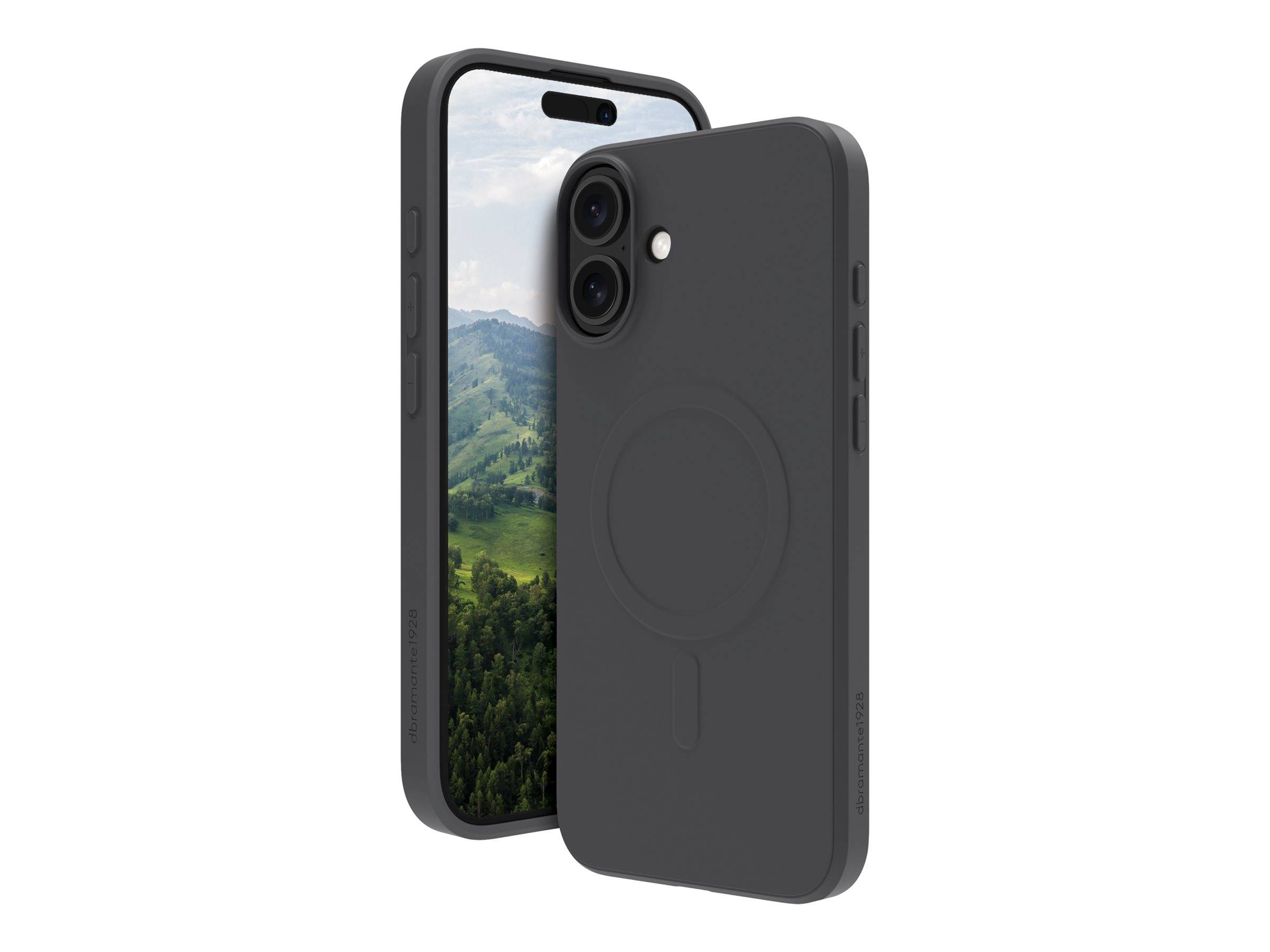Ein schwarzes Smartphone in einer passenden Hülle, mit einer Berglandschaft auf dem Display, das Dual-Rückkameras und Seitenknöpfe zeigt.