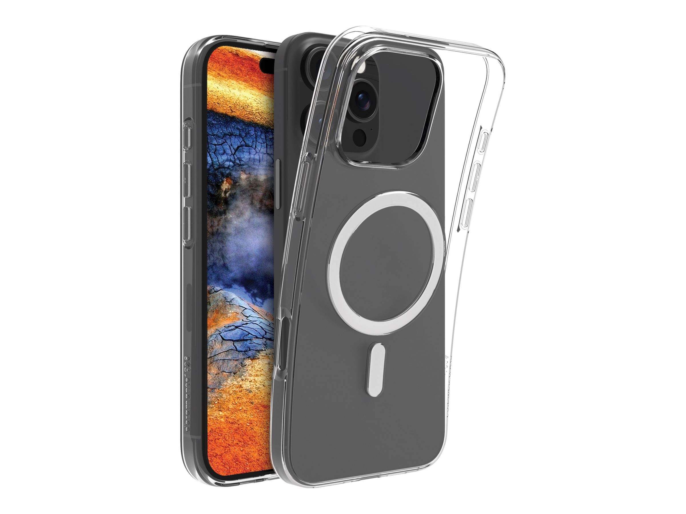 Ein Smartphone in einer transparenten Hülle mit einem kreisförmigen Design auf der Rückseite, neben einem ähnlichen Telefon, das einen lebhaften, abstrakten Bildschirm zeigt.