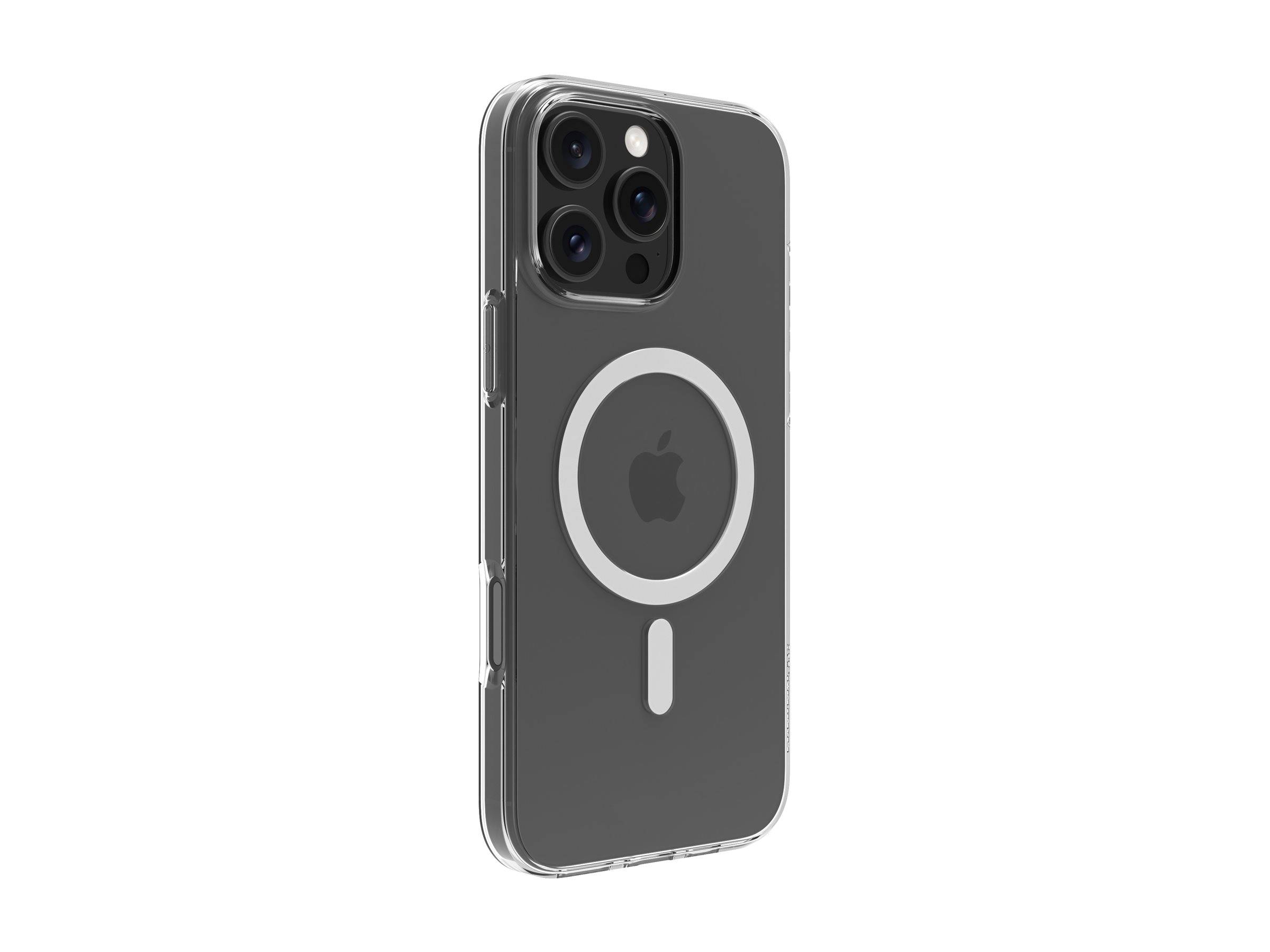 Eine durchsichtige Handyhülle mit MagSafe-Kompatibilität für das iPhone, die das Apple-Logo und die kreisförmigen Ausrichtungsmagnete auf der Rückseite präsentiert.