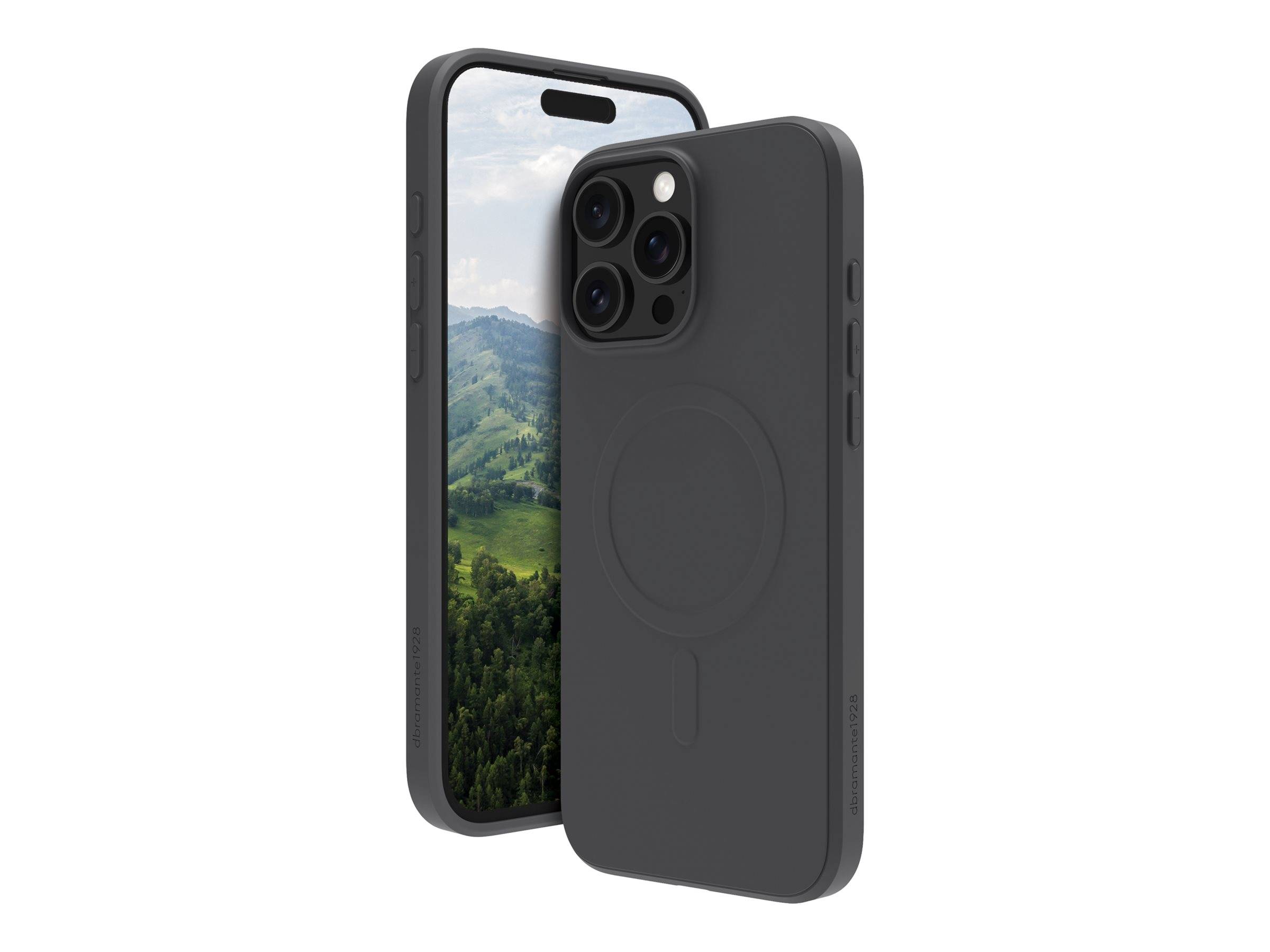 Ein schwarzes Smartphone-Gehäuse mit Aussparungen für Kamera und Ladeanschluss. Auf dem Display des Telefons ist eine malerische Berglandschaft zu sehen.