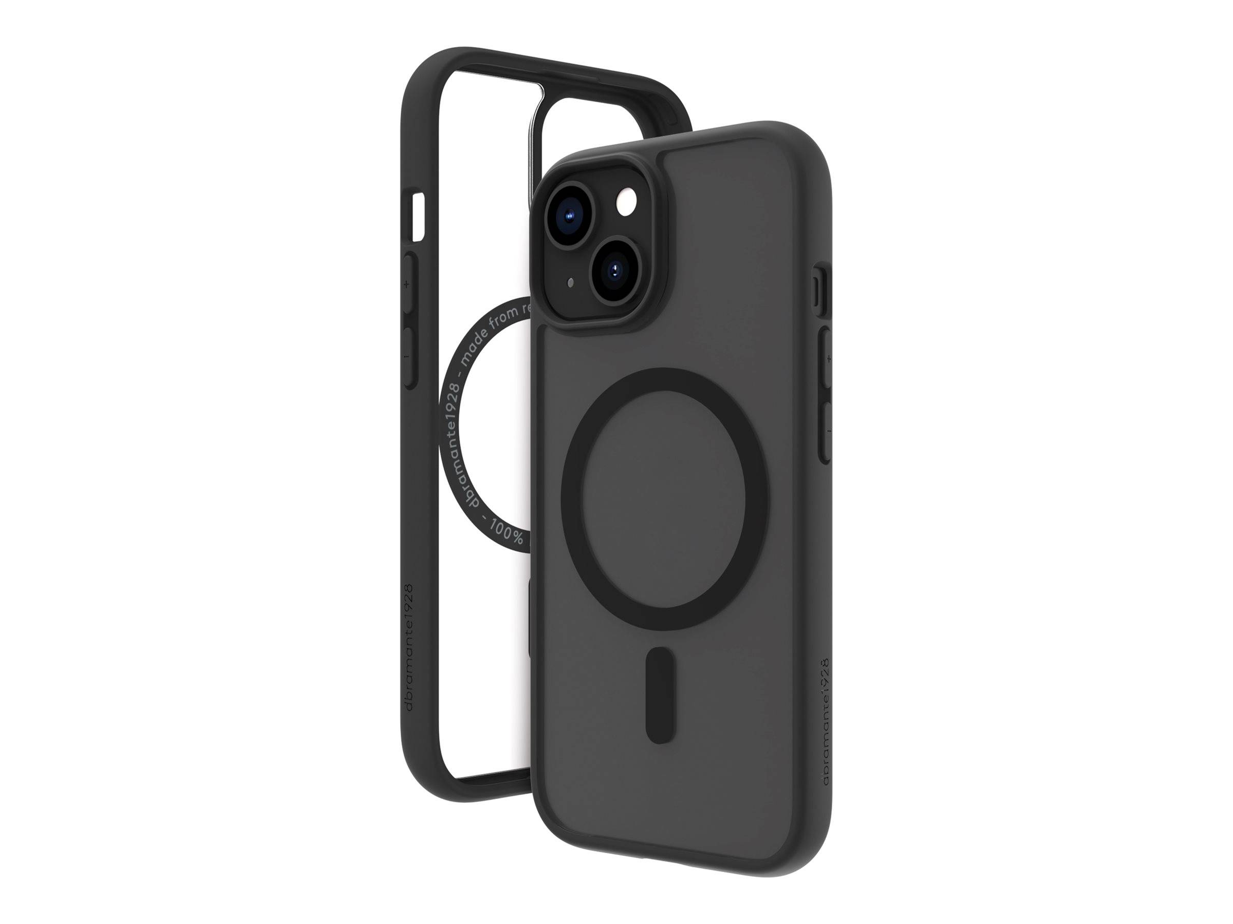 Ein schwarzes Smartphone-Gehäuse mit einem kreisförmigen Design auf der Rückseite und einem passenden schwarzen Bumper wird gezeigt. Das Gehäuse wirkt schützend und weist präzise Aussparungen für Tasten und Kamera auf.