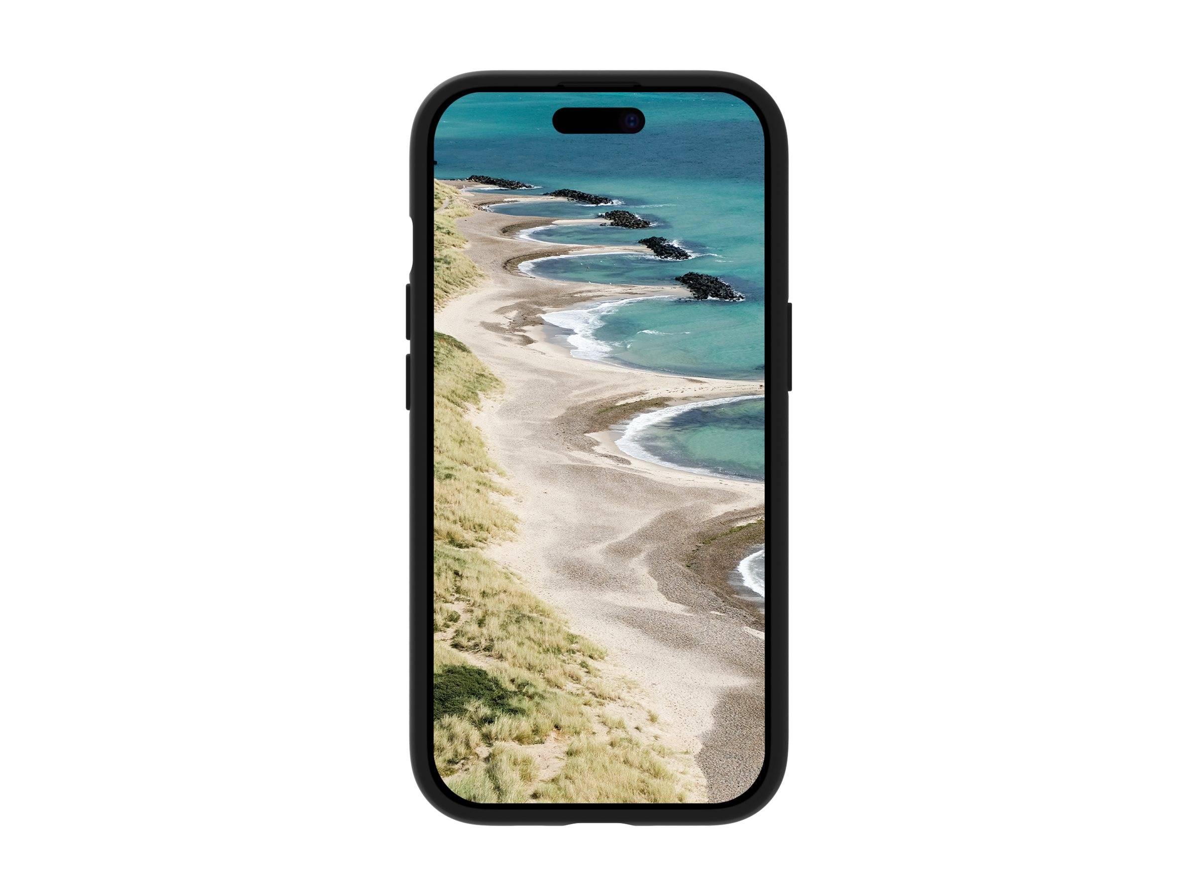 Ein Smartphone zeigt eine Luftaufnahme eines Strandes mit türkisfarbenen Wellen und einem sandigen Ufer, das mit Gras gesäumt ist.
