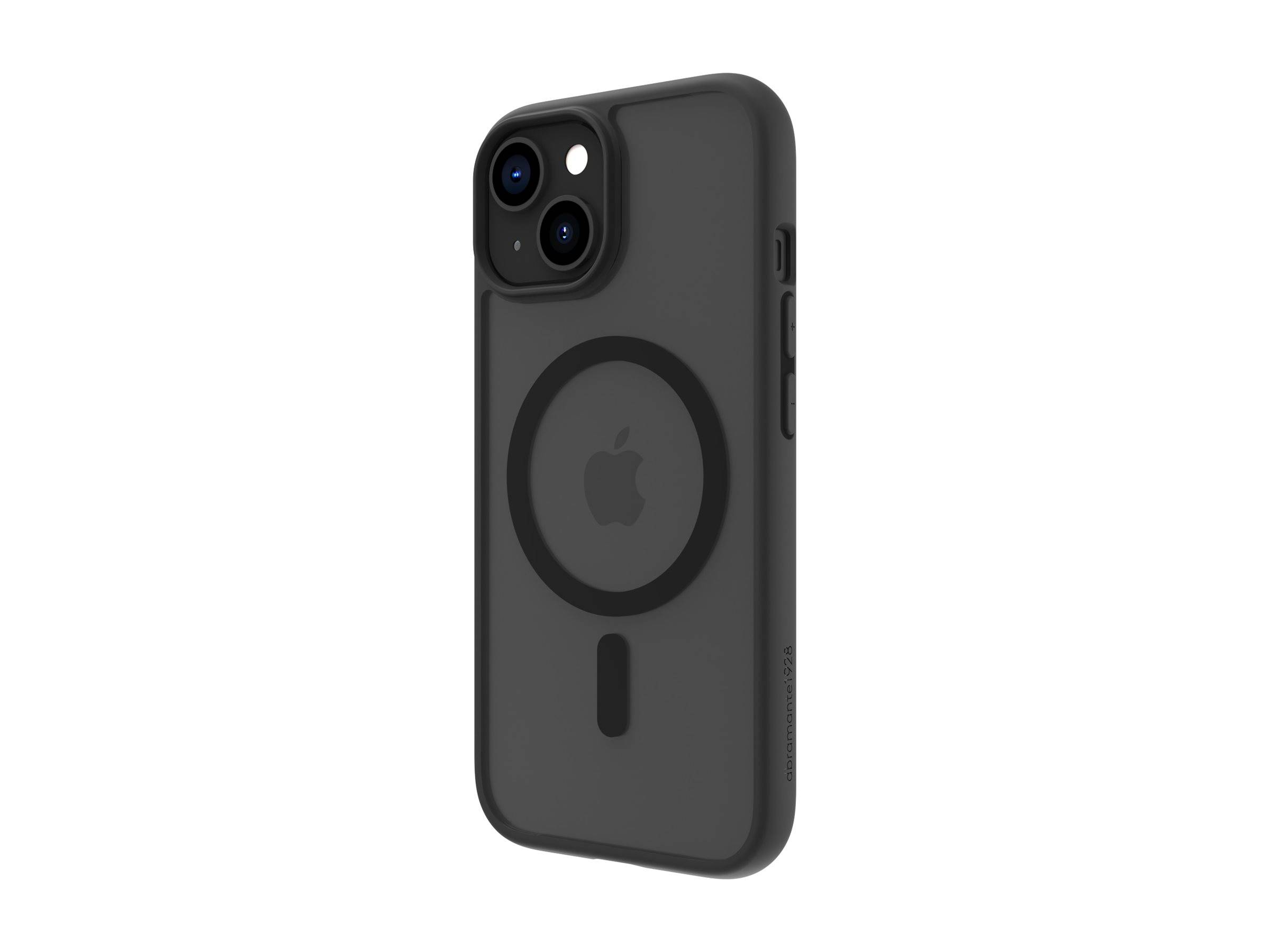 Ein schwarzes iPhone in einer Hülle mit sichtbarem Apple-Logo und MagSafe-Ring auf der Rückseite. Die Hülle verfügt über Ausschnitte für die Tasten und ein schlankes Design.