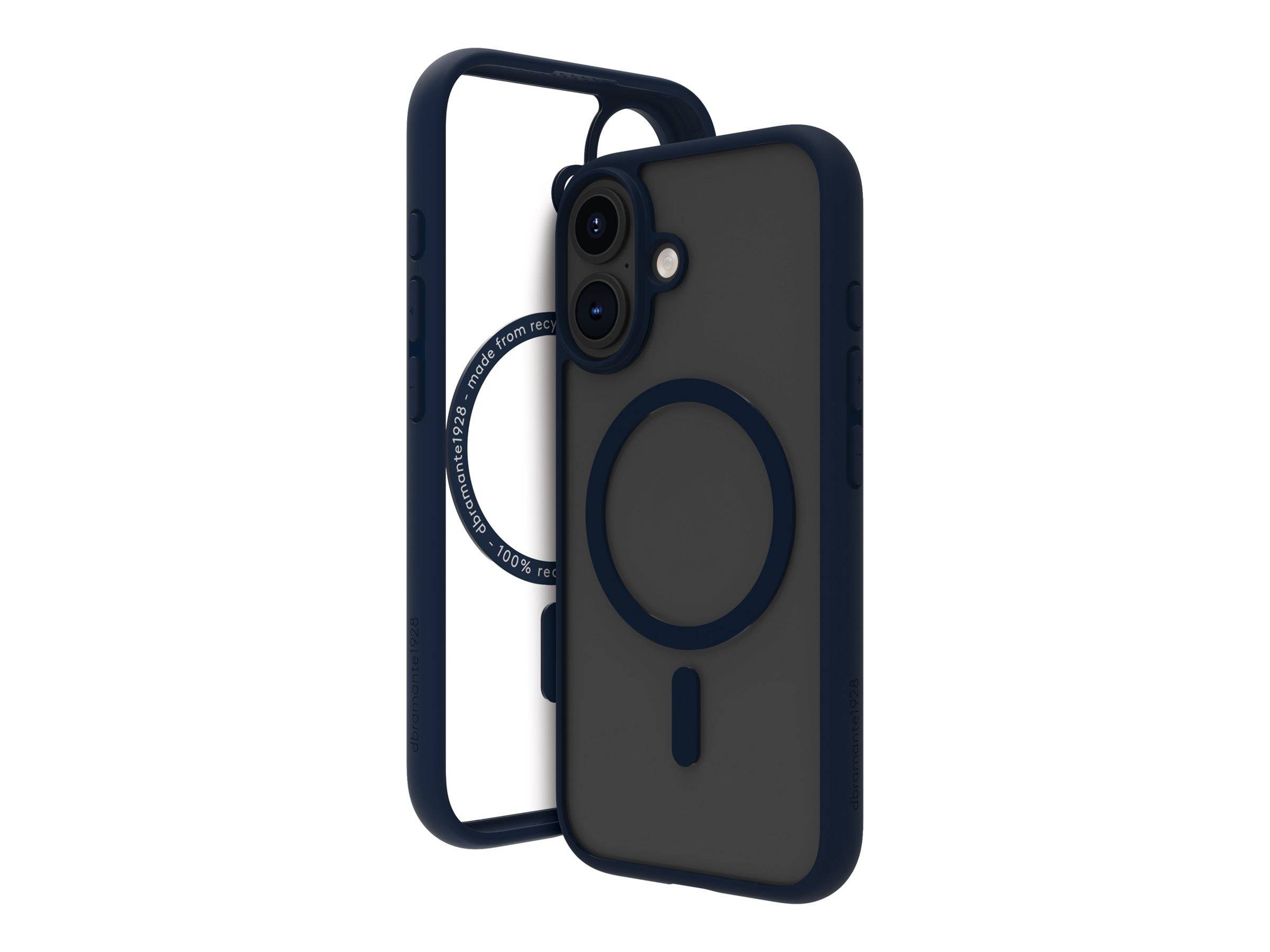 Handyhülle mit Dual-Layer-Design, transparenter Rückseite, marineblauer Kante und kreisförmigem Muster zur Anzeige der MagSafe-Kompatibilität.