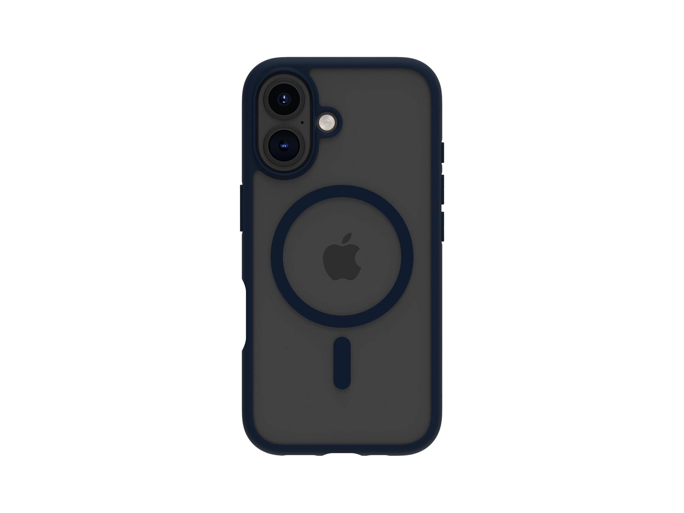 Eine Smartphone-Hülle mit einer dunklen, undurchsichtigen Oberfläche, die ein kreisförmiges Design und ein Apple-Logo auf der Rückseite zeigt und Aussparungen für eine Dual-Kamera aufweist.