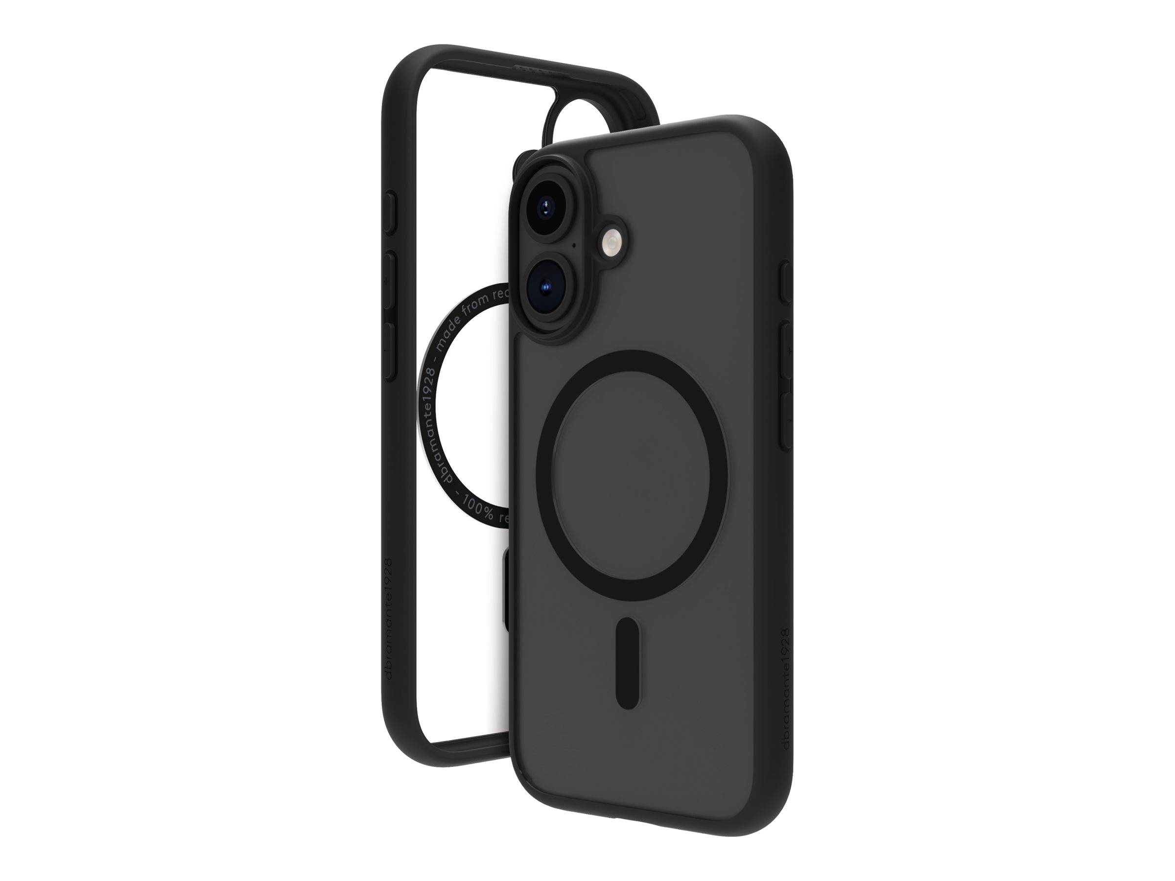 Ein schwarzes Handygehäuse mit sichtbarem MagSafe-Ring und Kameraausschnitten, das in zwei Ansichten gezeigt wird und ein robustes, schützendes Design aufweist.