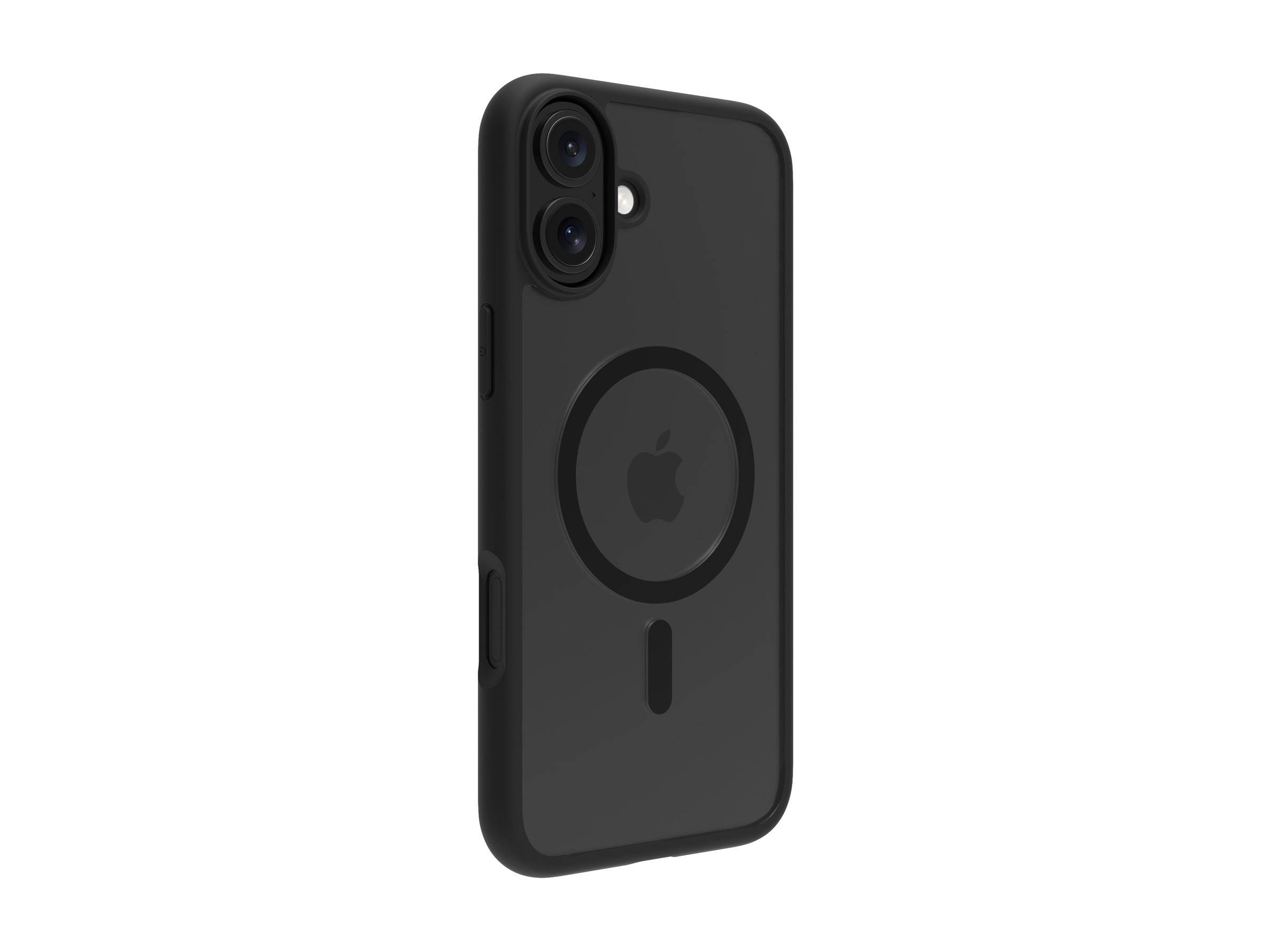 Eine schwarze iPhone-Hülle mit einem kreisförmigen Ausschnittdesign auf der Rückseite, der das Apple-Logo freilegt. Die Hülle verfügt über zwei Kameraausschnitte.