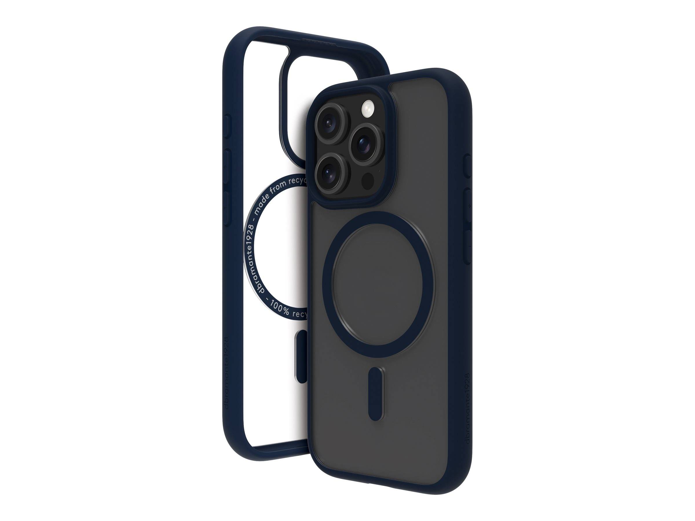Handyhüllen in Dunkelblau mit MagSafe-Kompatibilität; eine ist transparent und zeigt den Text '100% recyceltes Material' und betont dadurch die Umweltfreundlichkeit.