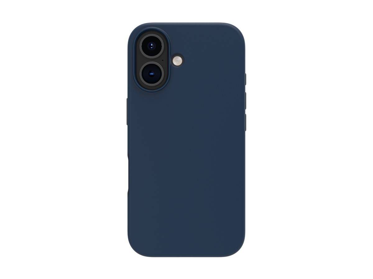 Eine blaue Smartphone-Hülle, von hinten betrachtet, mit zwei Kameraobjektiven und einem Blitz. Die Hülle hat eine glatte Oberfläche.