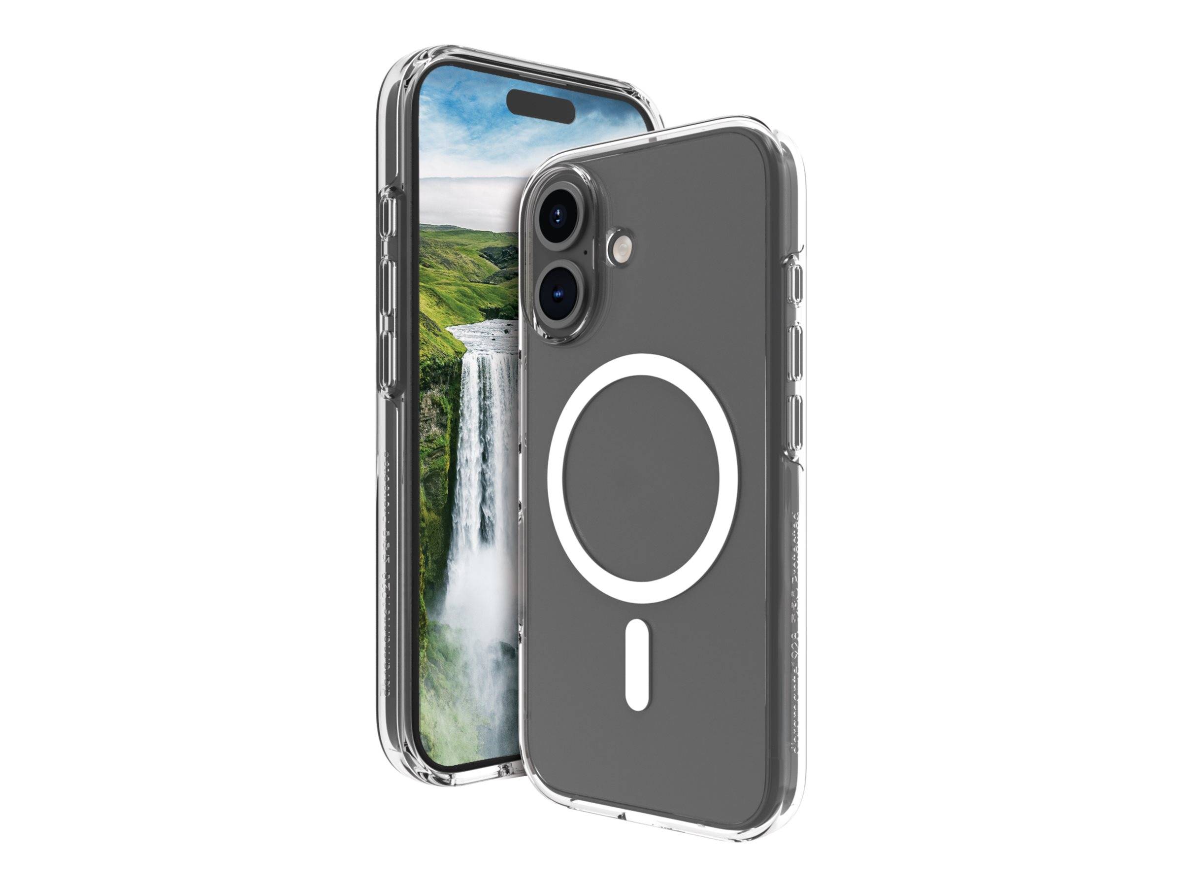 Transparente Handyhülle mit Kreismuster, die auf einem Smartphone eine Wasserfallszene zeigt.