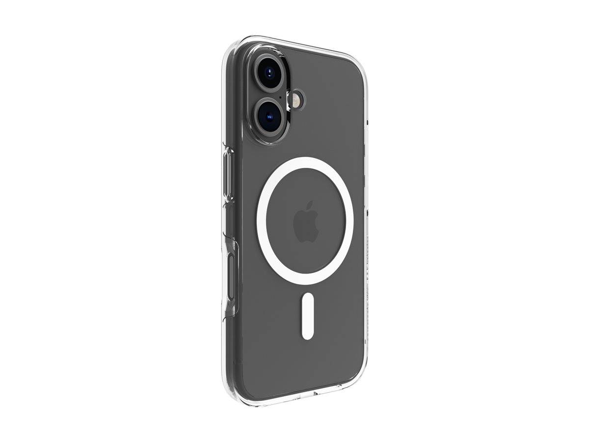 Eine transparente Handyhülle für ein iPhone mit sichtbarer kreisförmiger Ausrichtung für MagSafe-Funktionen und Aussparungen für die Dual-Kamera sowie Seitenknöpfe.