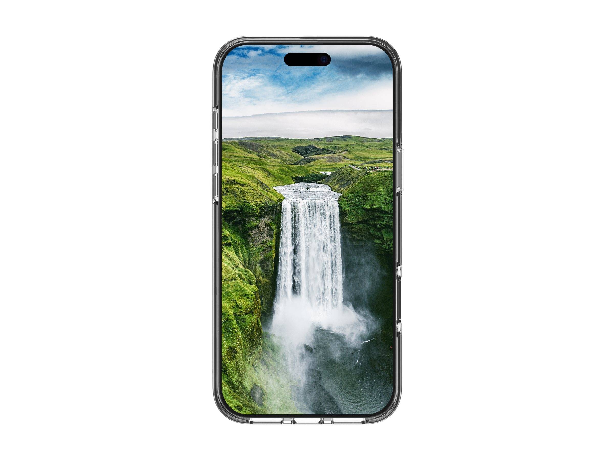 Ein Smartphone zeigt einen malerischen Wasserfall, der durch üppig grüne Klippen unter einem blauen Himmel herabstürzt.