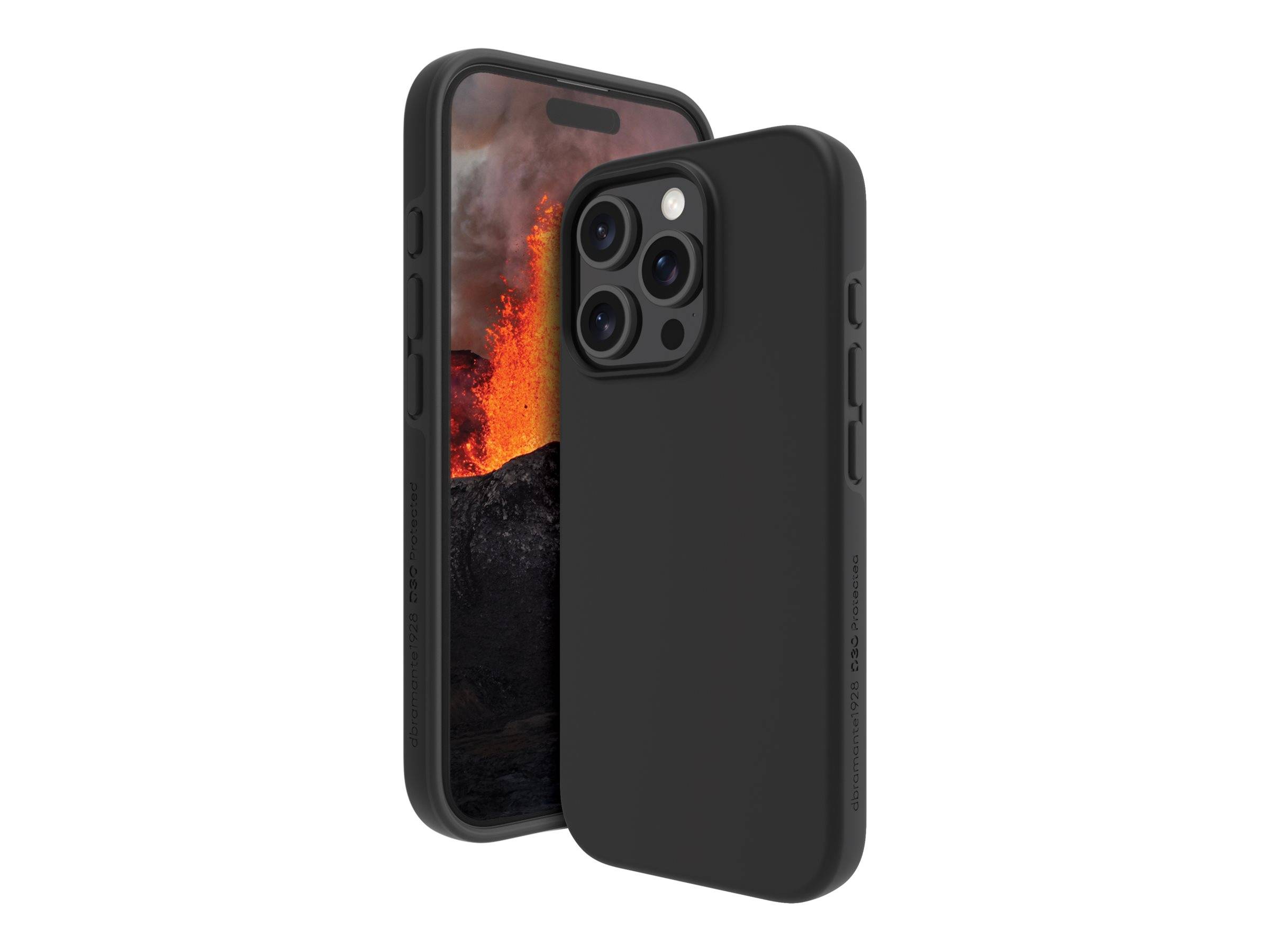 Ein Smartphone in einem schwarzen Gehäuse zeigt ein lebendiges Bild eines Vulkanausbruchs mit geschmolzenem Lavagestein und dunklem Rauch.