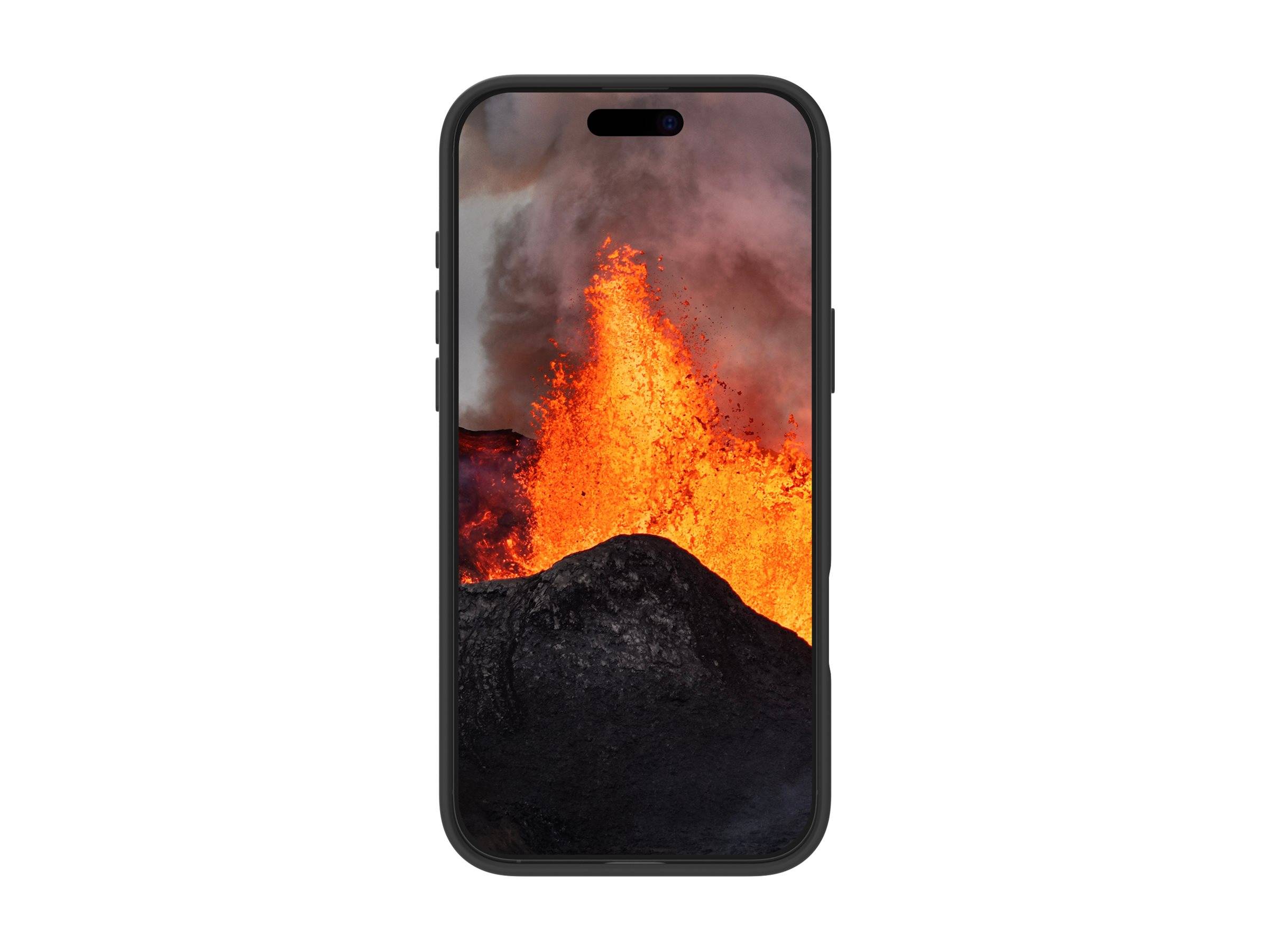 Ein Smartphone zeigt einen ausbrechenden Vulkan mit fließender Lava und aufsteigendem Rauch, der eine Naturkatastrophenszene auf dem Bildschirm darstellt.