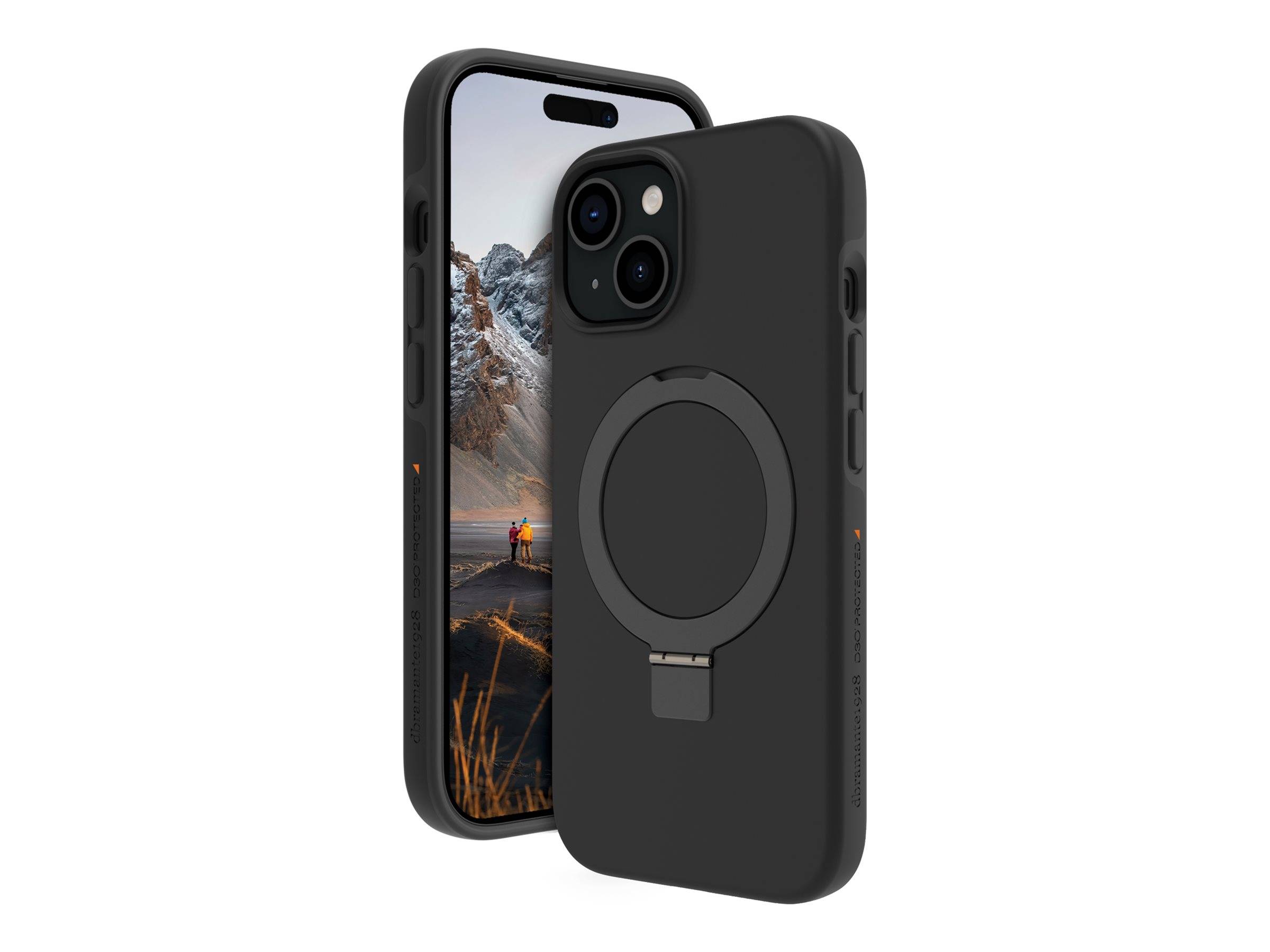 Eine schwarze Smartphone-Hülle mit einem MagSafe-Ring, die ein Telefon mit einer Berglandschaft auf dem Bildschirm zeigt.