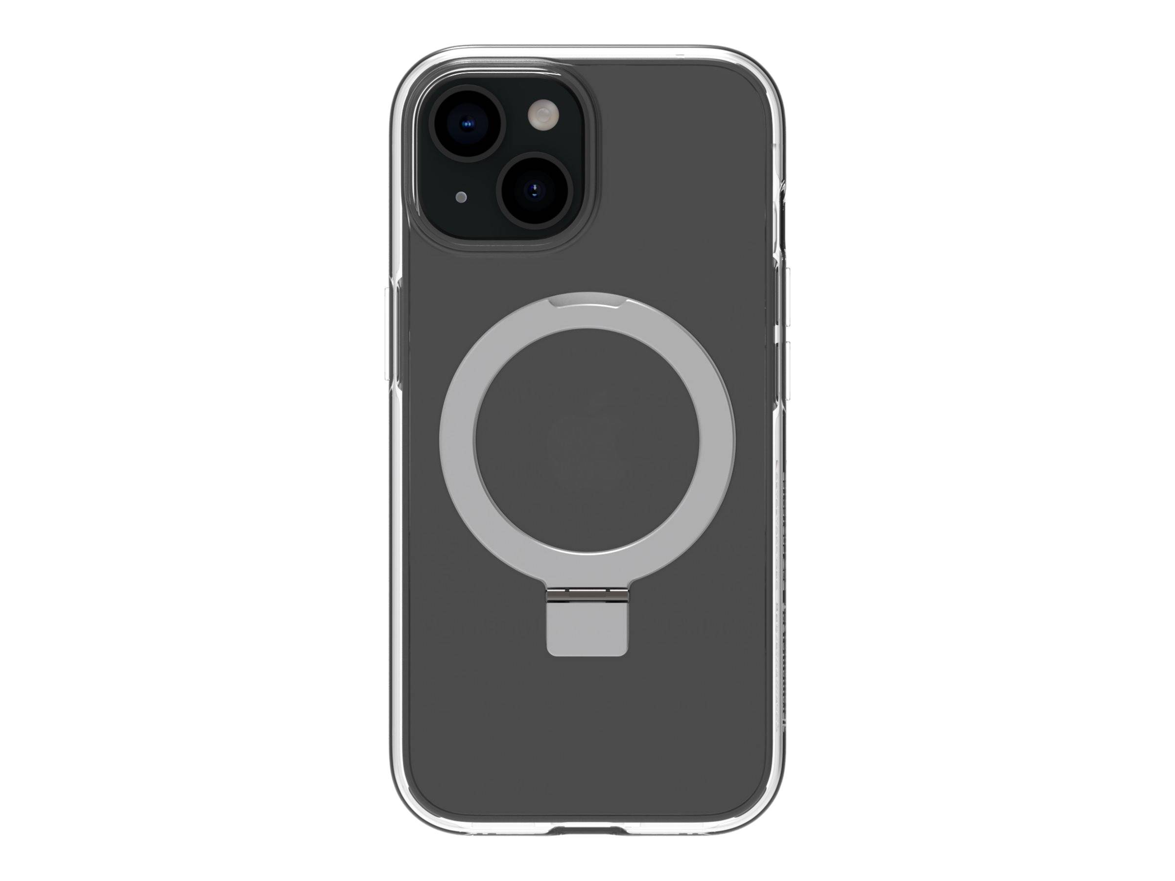 Eine transparente Handyhülle mit einem kreisförmigen magnetischen Ring auf der Rückseite, entwickelt für eine Smartphone-Kamera mit Doppellinsen.