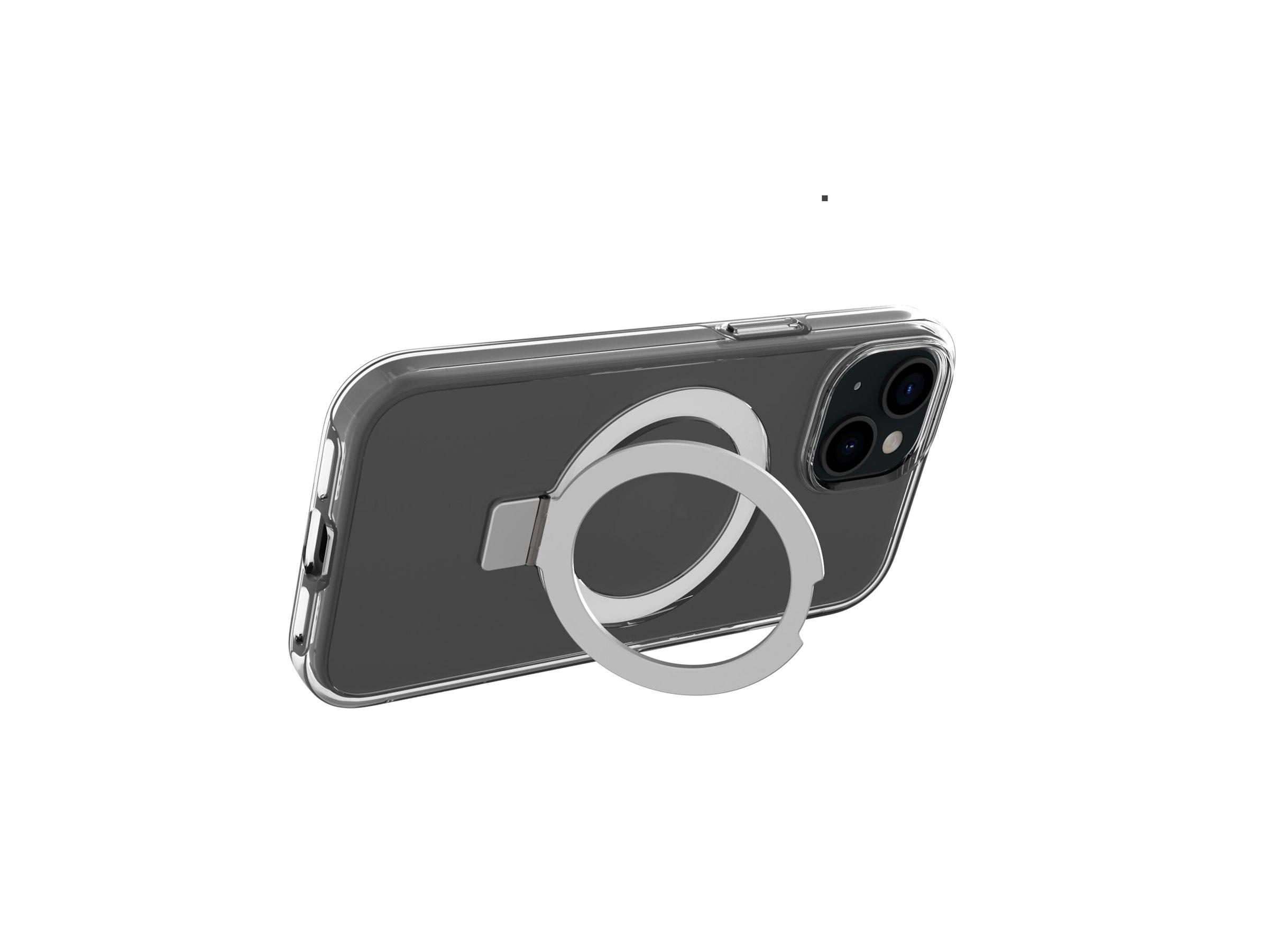 Smartphone in einem durchsichtigen Etui mit einem silbernen Ringständer auf der Rückseite angebracht, in einem Winkel auf weißem Hintergrund gezeigt.