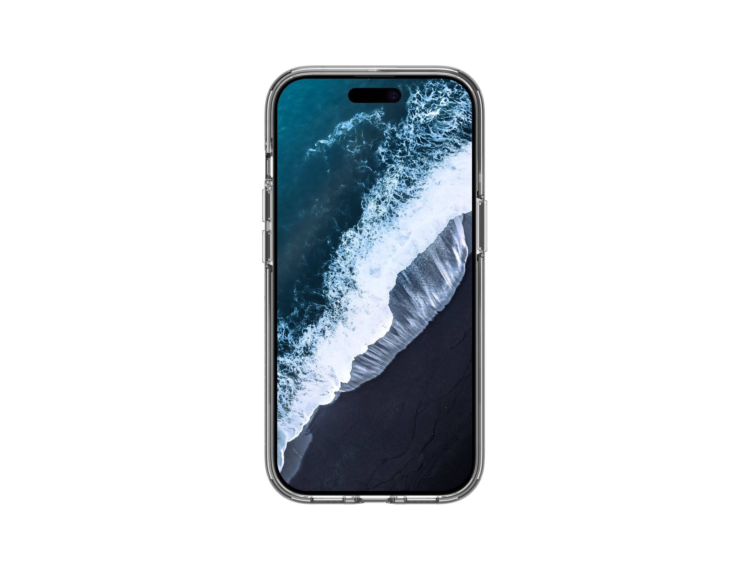 Frontansicht eines Smartphones, das auf seinem Bildschirm ein Hintergrundbild mit einer Meereswelle zeigt, zentriert auf weißem Hintergrund.