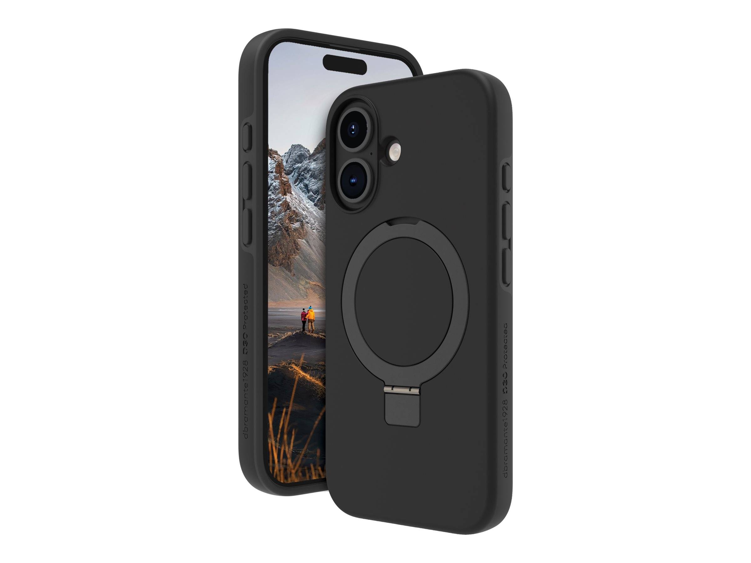 Ein schwarzes Handyhülle mit einem Ringhalter wird neben einem Handy mit einer Berglandschaft präsentiert. Die Hülle verfügt über präzise Aussparungen für Tasten und Kamera.