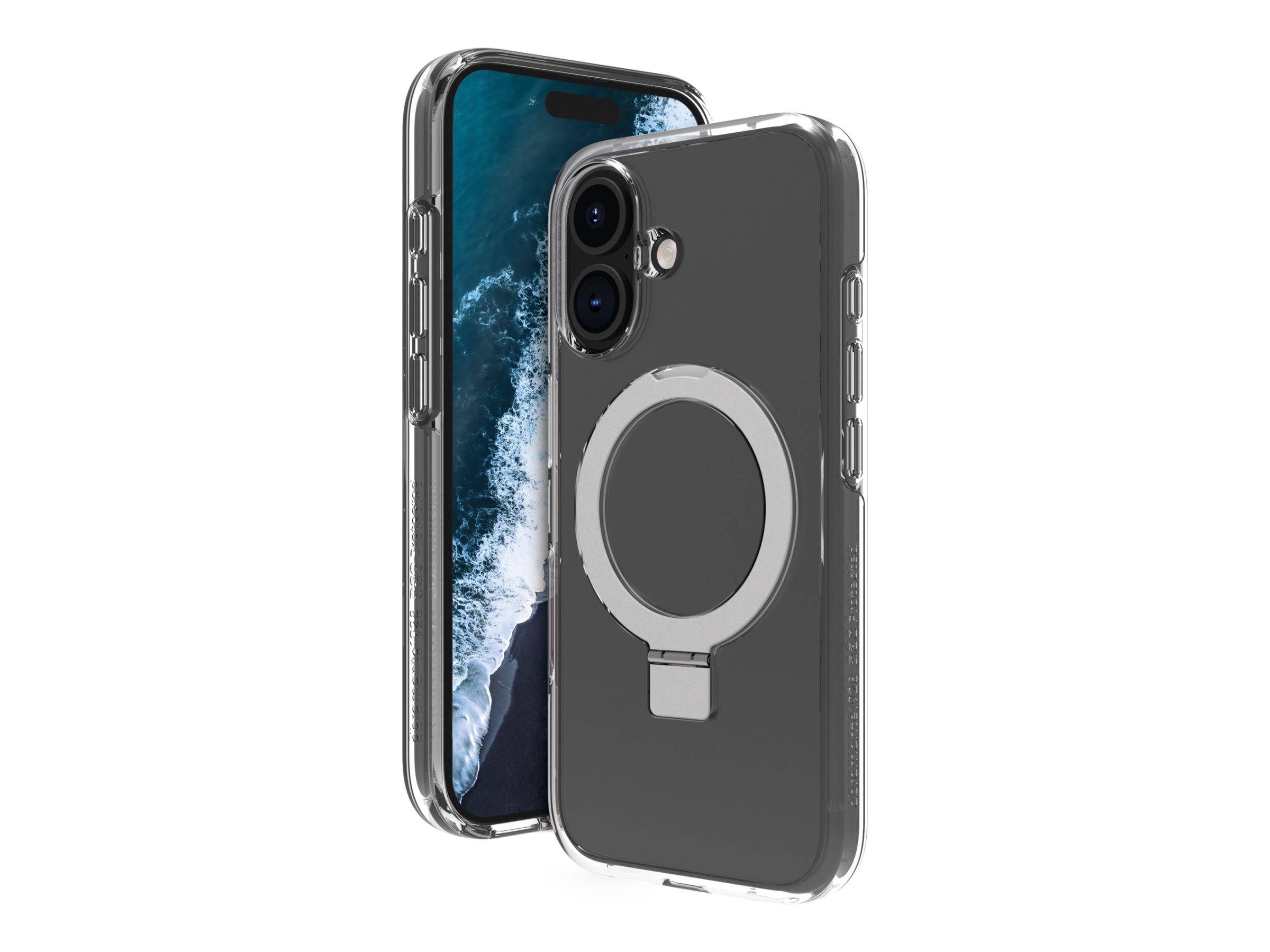 Transparente Handyhülle mit einer kreisförmigen magnetkompatiblen Auslegung, die auf einem Smartphone mit einem Ozean-Hintergrund auf dem Bildschirm präsentiert wird.