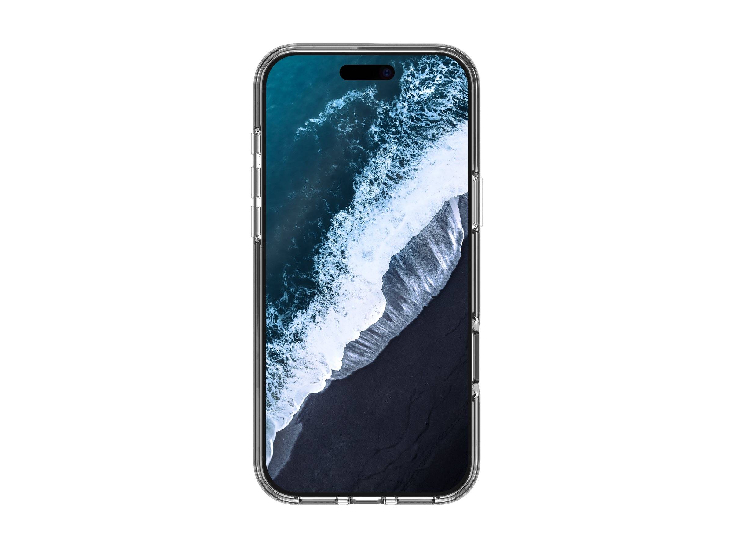 Ein Smartphone mit einem Strand-Hintergrund, der Wellen zeigt, die auf dunklem Sand zusammenbrechen.