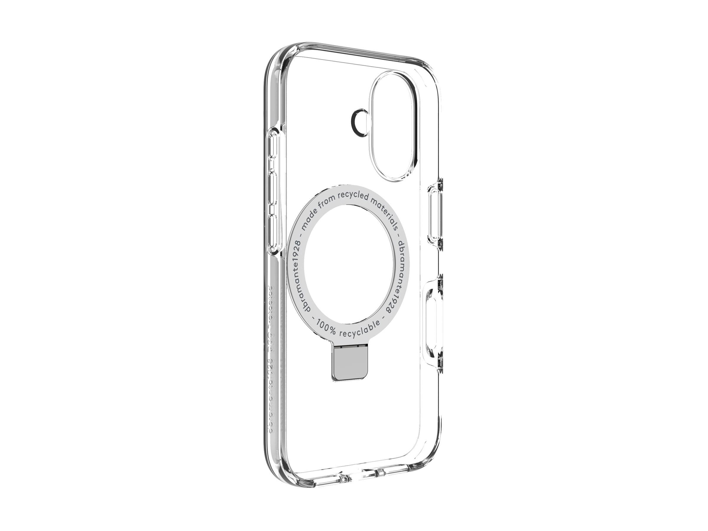 Transparente Smartphone-Hülle mit abgerundeten Kanten, ausgestattet mit einer kreisförmigen magnetischen Fläche zur Befestigung und Text mit der Aufschrift 