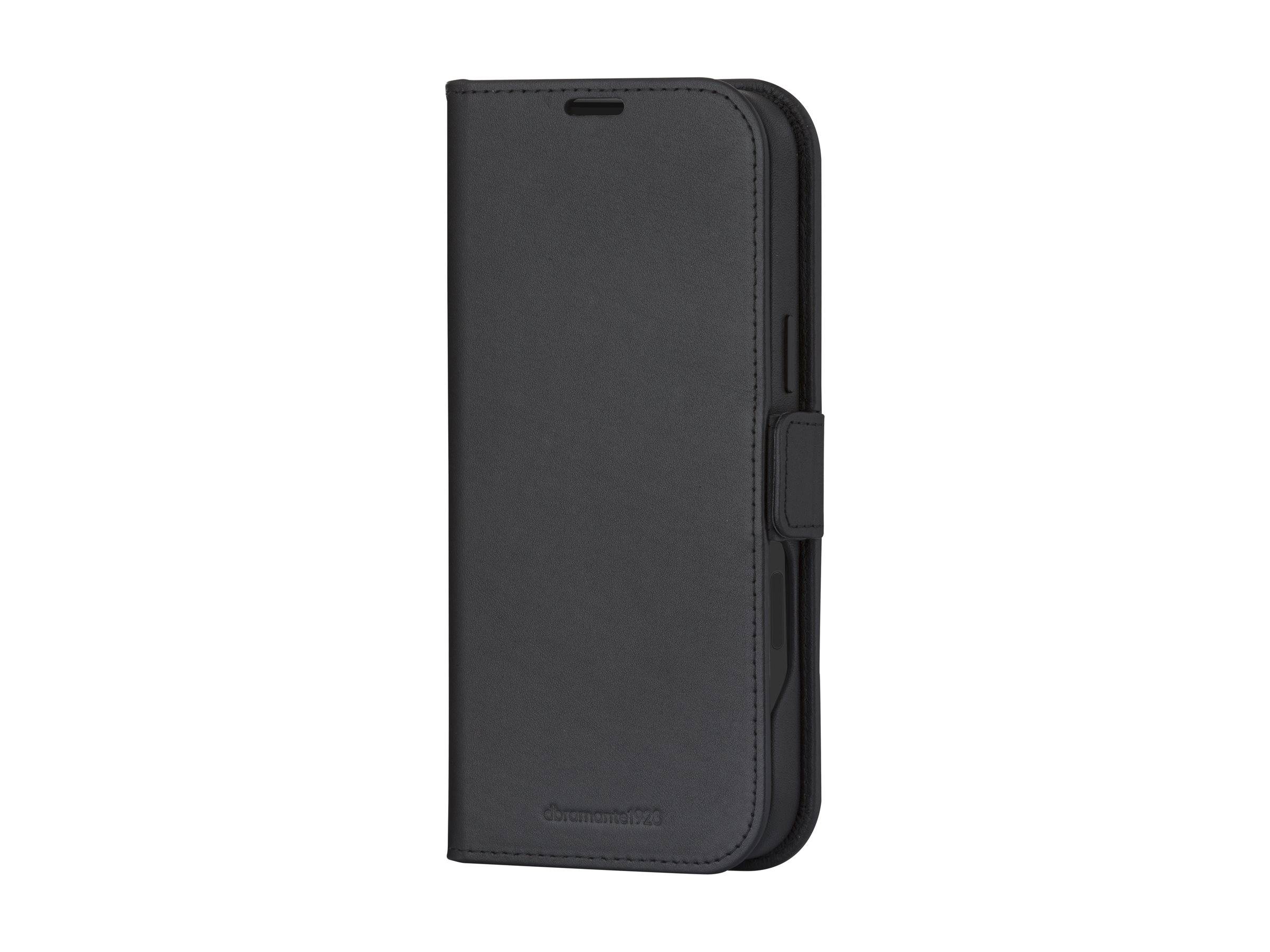 Eine geschlossene schwarze Telefonbrieftasche mit magnetischem Verschluss, mit einem dezent geprägten Logo in der unteren vorderen Ecke.