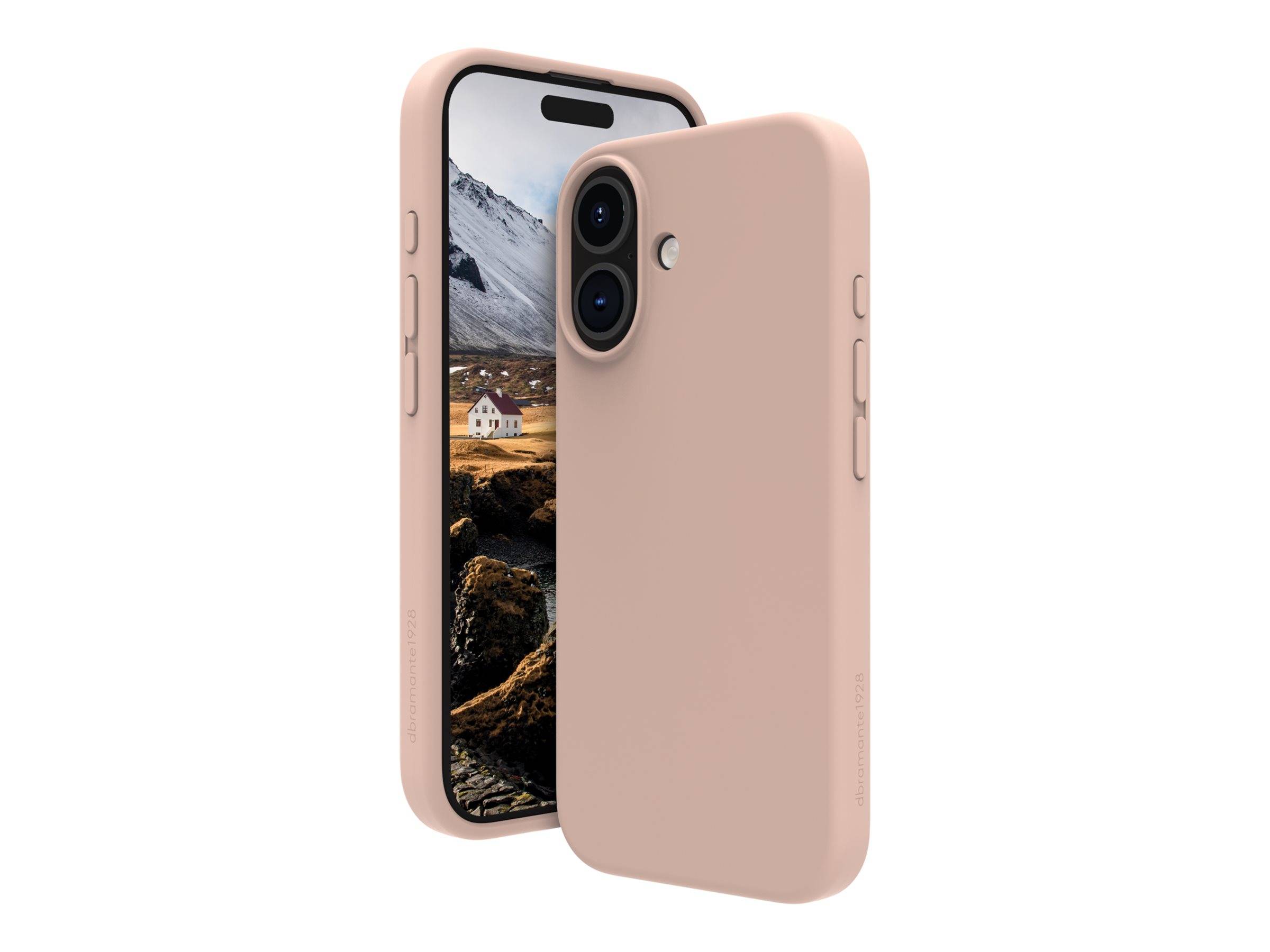 Pinke Handyhülle mit Dual-Kameras auf einem Smartphone. Der Bildschirm zeigt eine malerische Berglandschaft mit einem kleinen Haus.