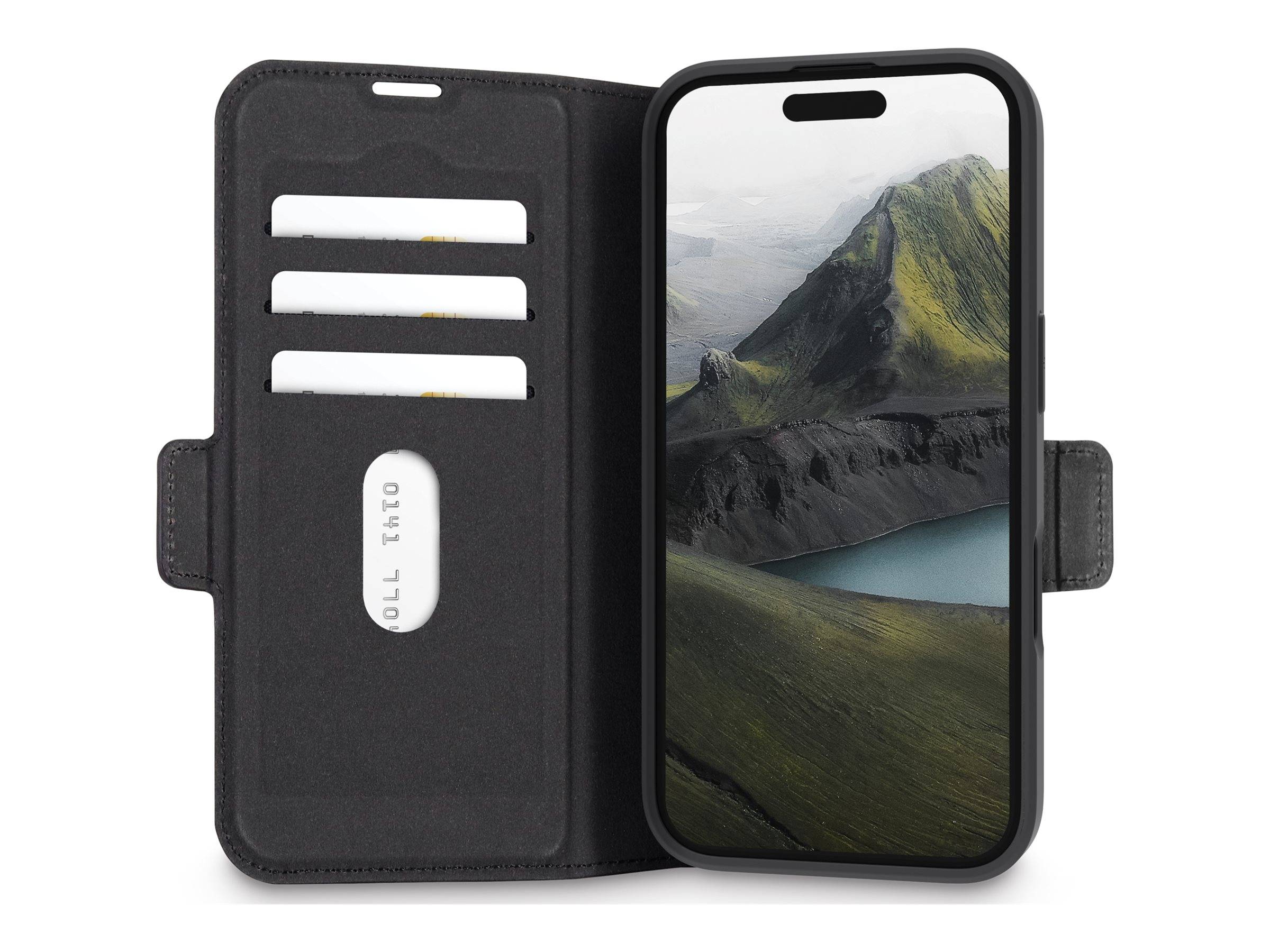 Handyhülle mit offenen Kartenfächern, die ein Smartphone zeigt, dessen Bildschirm eine Szenerie mit grünen Bergen und einem See darstellt.